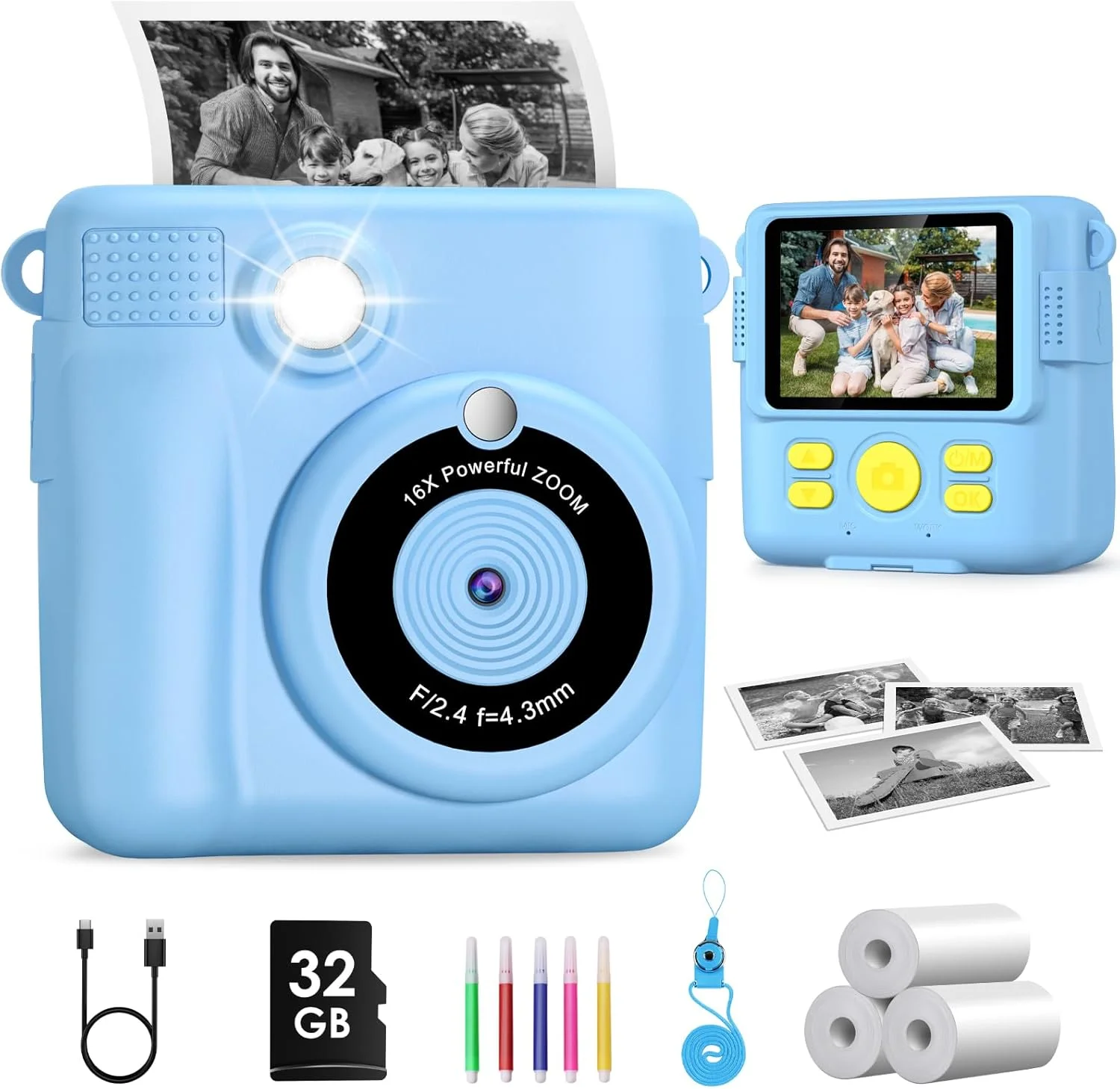 دوربین کودکان، دوربین فوری با صفحه نمایش 2.4 اینچی 1080P به همراه کاغذ چاپ و کارت TF 32 گیگابایتی، دوربین دیجیتال کودکان به همراه هدیه مداد رنگی برای کودکان 3-12 سال