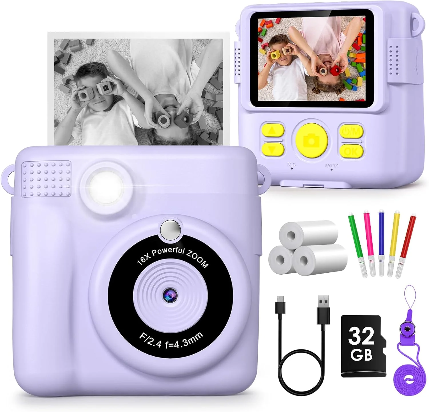 دوربین فوری کودکان Gofunly، صفحه نمایش 2.4 اینچی، دوربین فیلمبرداری 1080P، چاپ فوری با کارت SD 32 گیگابایتی و 3 رول کاغذ چاپ، هدیه برای کودکان 3-12 سال