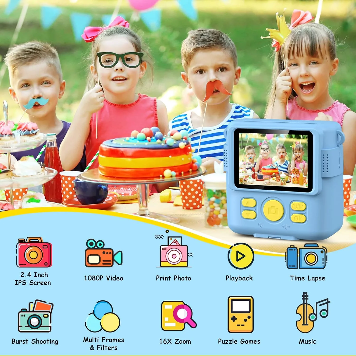 دوربین کودکان، دوربین فوری با صفحه نمایش 2.4 اینچی 1080P به همراه کاغذ چاپ و کارت TF 32 گیگابایتی، دوربین دیجیتال کودکان به همراه هدیه مداد رنگی برای کودکان 3-12 سال