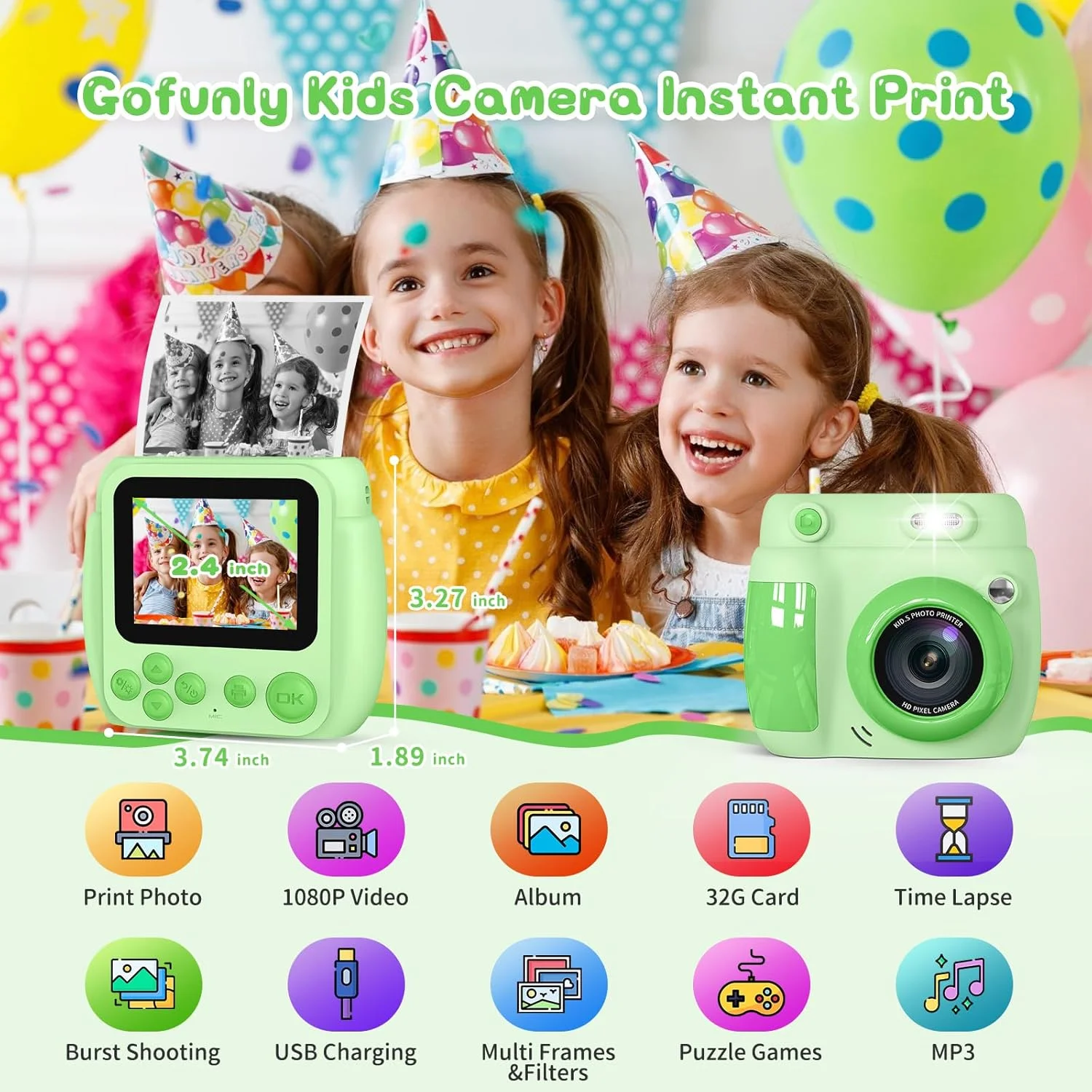 دوربین فوری کودکانه Gofunly، دوربین فوری 2.4 اینچی برای کودکان به همراه کارت 32 گیگابایتی، دوربین دیجیتال HD 1080P هدیه کودکان برای دختران و پسران 3 تا 12 سال