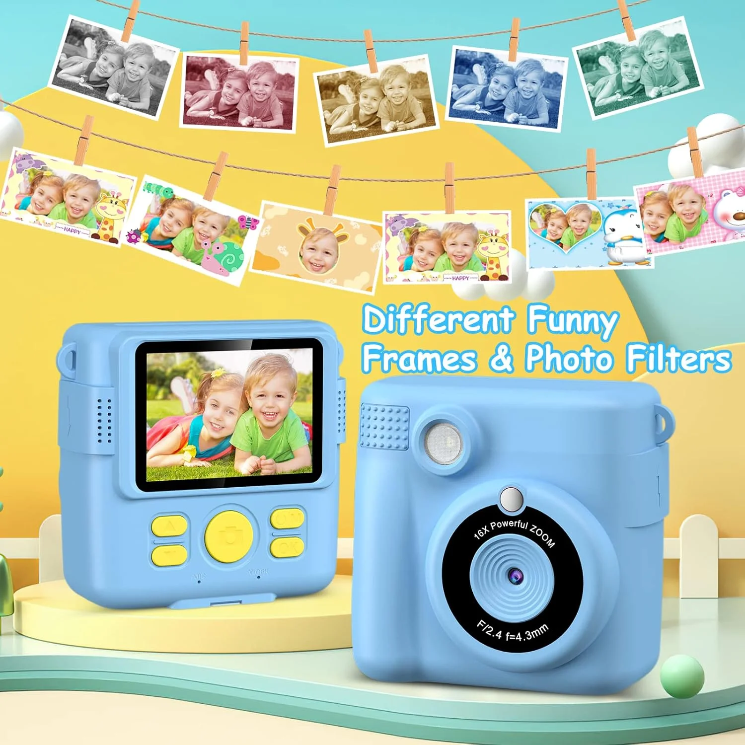 دوربین کودکان، دوربین فوری با صفحه نمایش 2.4 اینچی 1080P به همراه کاغذ چاپ و کارت TF 32 گیگابایتی، دوربین دیجیتال کودکان به همراه هدیه مداد رنگی برای کودکان 3-12 سال