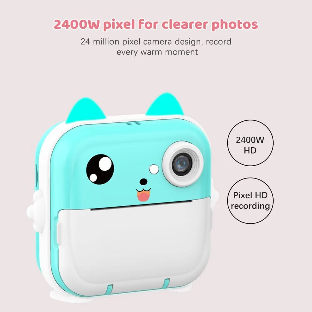 دوربین چاپ فوری کودکانه Graflsoa، دوربین دیجیتال 24 مگاپیکسلی با صفحه نمایش 2.4 اینچی IPS، فیلترهای جذاب، فوکوس خودکار، هدیه تولد به همراه کارت خوان 32 گیگابایتی