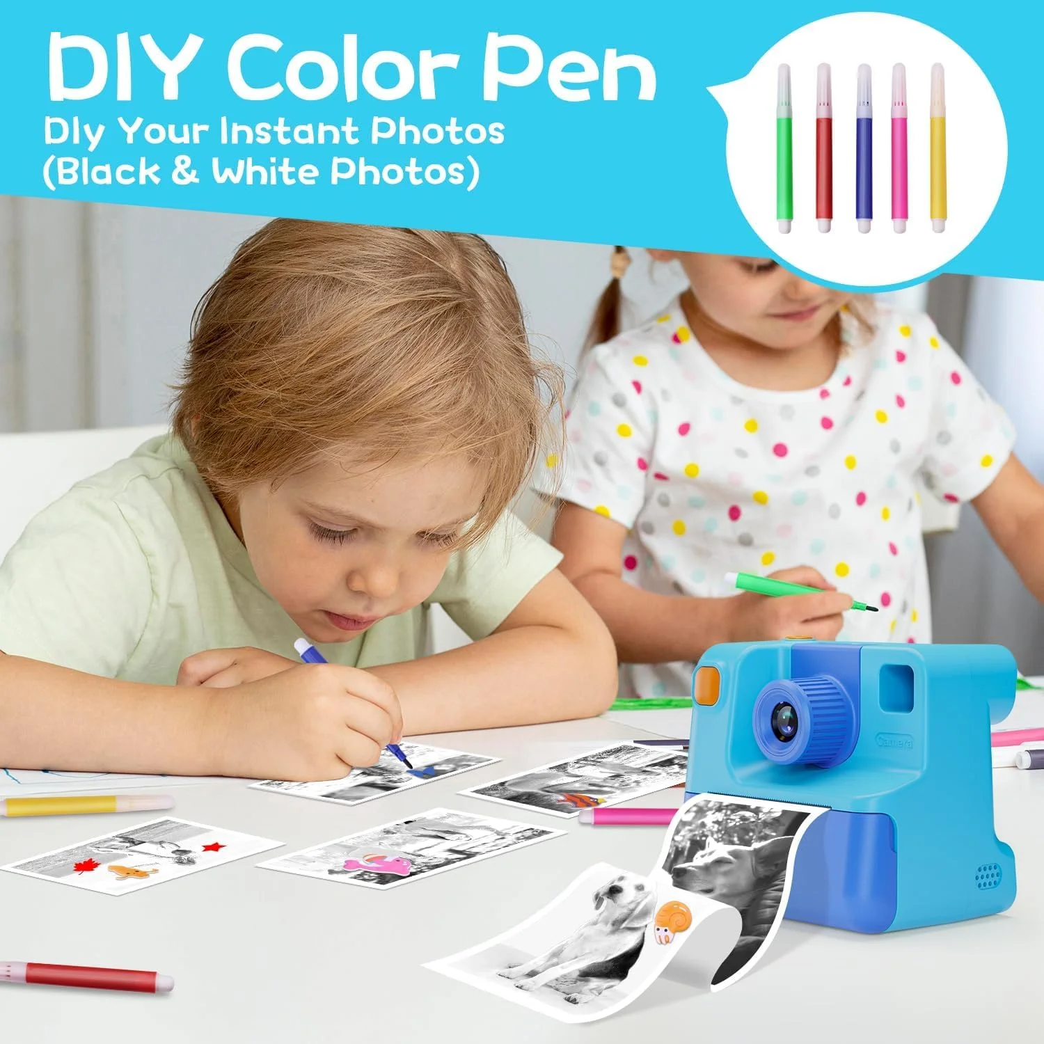 دوربین چاپ فوری برای کودکان، دوربین های فوری کودکان 1080P، دوربین های فیلمبرداری دیجیتال HD مناسب کودکان نوپا به همراه کاغذ چاپ بدون جوهر و کارت SD 32 گیگابایتی، هدیه تولد کریسمس برای دختران و پسران 3-12 ساله (آبی)