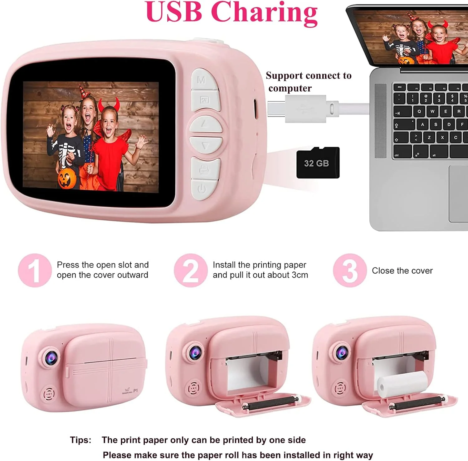 دوربین فوری کودکانه، 12 مگاپیکسل و فیلمبرداری HD 1080p، صفحه نمایش 3.5 اینچی، دوربین دیجیتال فوری کودکانه، هدیه برای پسران و دختران (شامل 4 رول کاغذ چاپ و کارت 32 گیگابایتی)