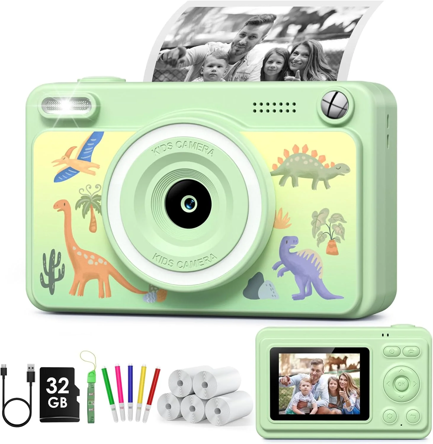 دوربین فوری، دوربین کودکان با صفحه نمایش 2.4 اینچی به همراه 32 گیگابایت حافظه و 5 رول کاغذ چاپ، هدیه اسباب بازی دوربین دیجیتال برای کودکان دختر و پسر 3 تا 14 ساله