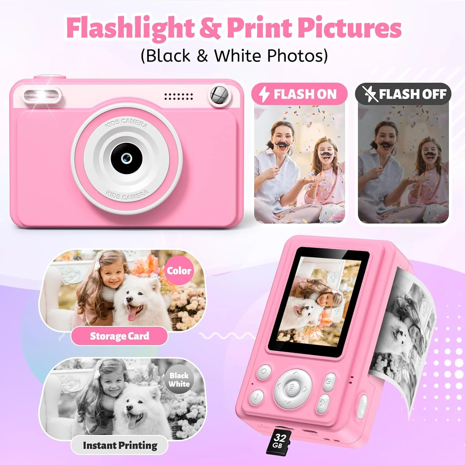 دوربین فوری، دوربین کودکانه 2.4 اینچی با حافظه 32 گیگابایتی و 5 رول کاغذ چاپ، هدیه اسباب بازی دوربین دیجیتال برای کودکان دختر و پسر 3 تا 14 ساله