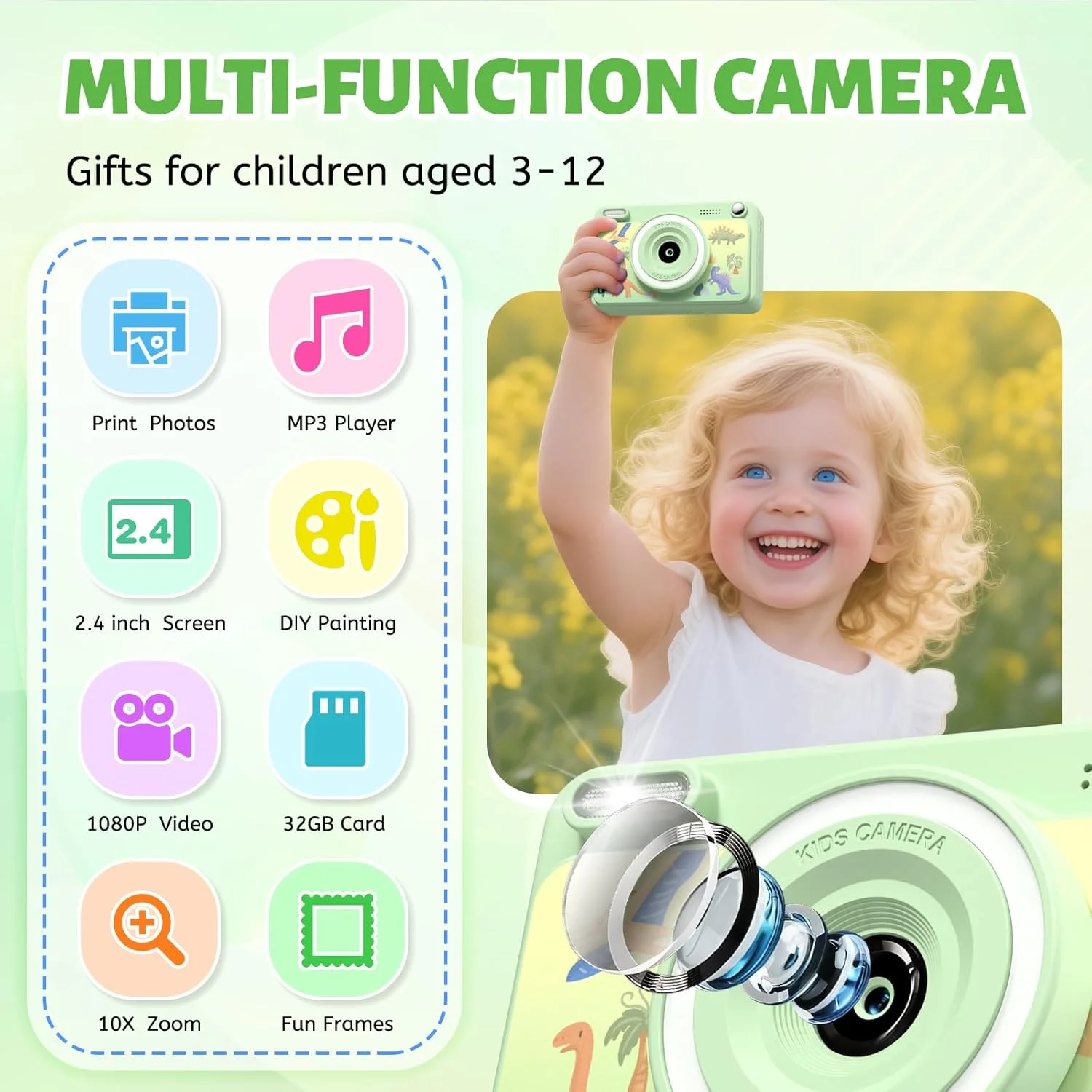 دوربین فوری، دوربین کودکان با صفحه نمایش 2.4 اینچی به همراه 32 گیگابایت حافظه و 5 رول کاغذ چاپ، هدیه اسباب بازی دوربین دیجیتال برای کودکان دختر و پسر 3 تا 14 ساله