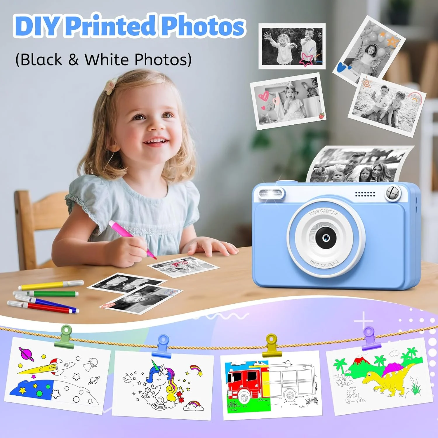 دوربین فوری GREENKINDER، صفحه نمایش 2.4 اینچی دوربین کودکان با 32 گیگابایت حافظه و 5 رول کاغذ چاپ، اسباب بازی هدیه دوربین دیجیتال کودک برای کودکان پسر و دختر 3-14 ساله