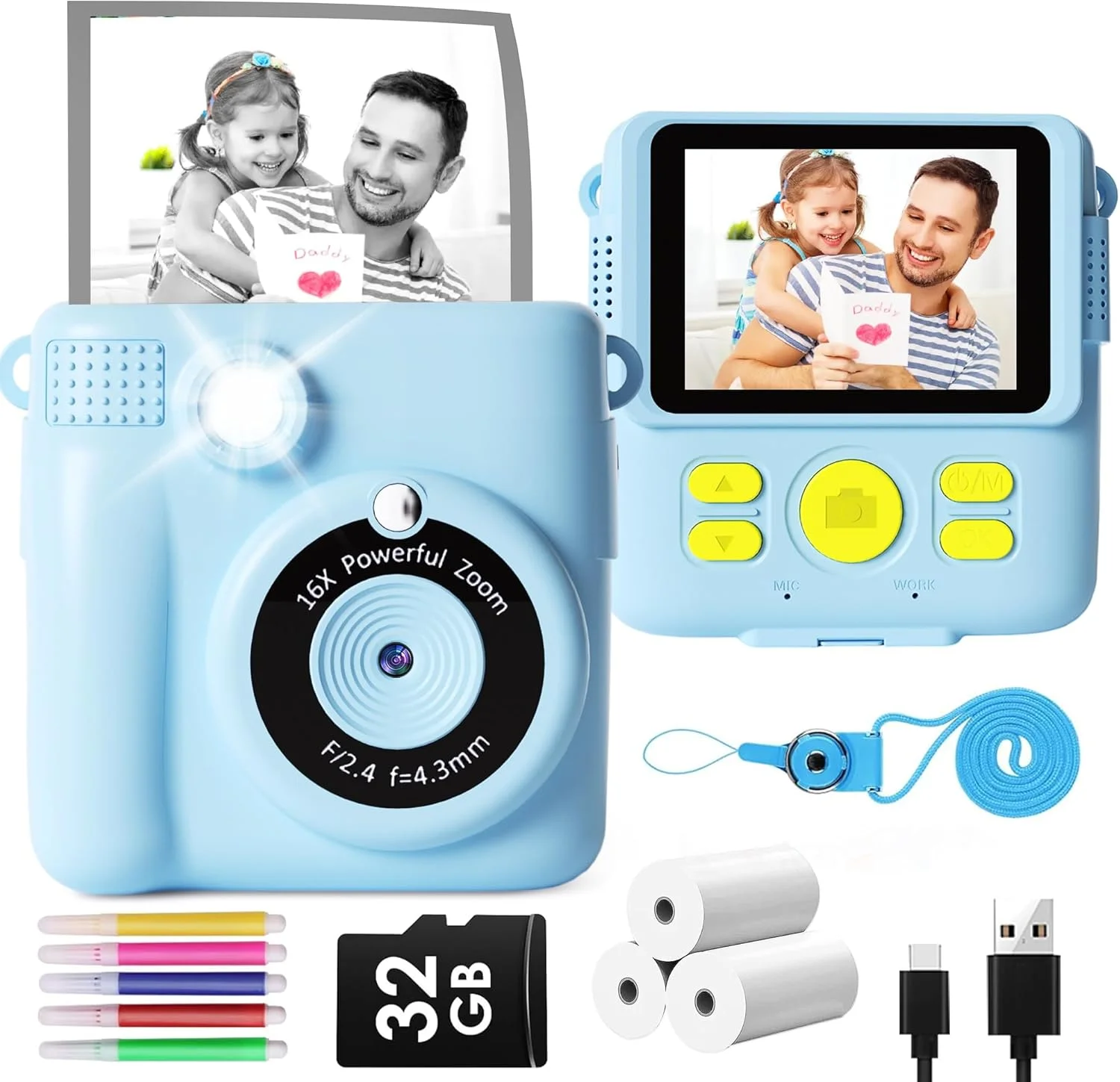 دوربین چاپ فوری کودکان HAMACOUST - عکس چاپ فوری 1080P HD - هدیه تولد کریسمس برای دختران و پسران 4 5 6 7 8 9 10 ساله - اسباب بازی قابل حمل با 3 رول کاغذ عکس، کارت 32 گیگابایتی، 5 مداد رنگی