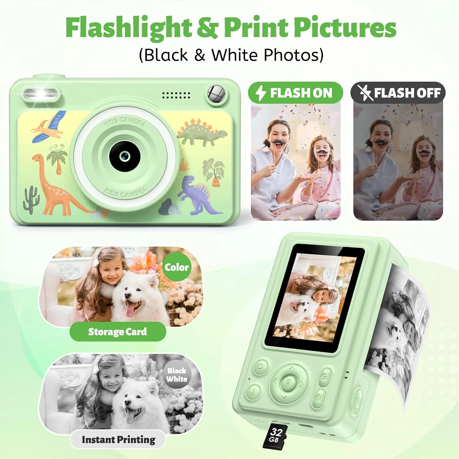 دوربین فوری، دوربین کودکان با صفحه نمایش 2.4 اینچی به همراه 32 گیگابایت حافظه و 5 رول کاغذ چاپ، هدیه اسباب بازی دوربین دیجیتال برای کودکان دختر و پسر 3 تا 14 ساله