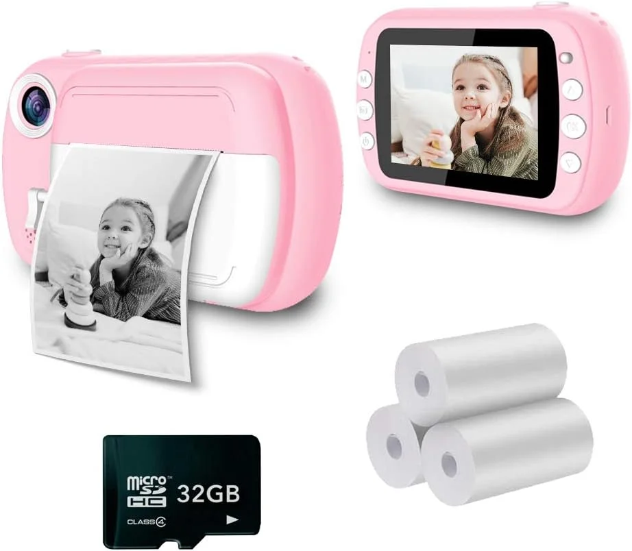 دوربین چاپ فوری i-Paint P9 برای کودکان، چاپ سیاه و سفید روی کاغذ حرارتی، دوربین دیجیتال 1080P FHD، ال سی دی 3.5 اینچی، میکرو SD 32 گیگابایتی، صورتی