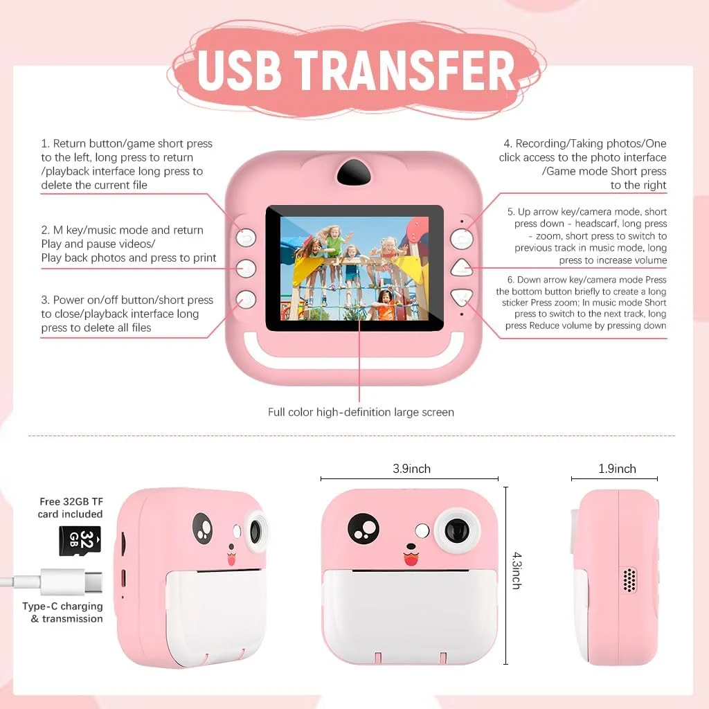 دوربین فوری کودکانه HASTHIP، دوربین مینی 2 در 1 با چاپگر بدون جوهر، به همراه کارت TF 35 گیگابایتی و صفحه نمایش رنگی 2.4 اینچی، دوربین چاپ فوری برای کودکان 3-14 سال (صورتی)