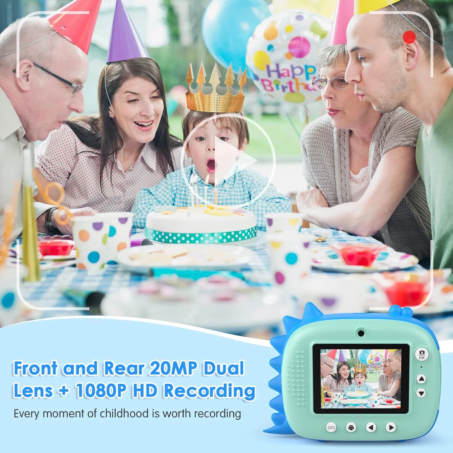 دوربین چاپ فوری کودکانه، دوربین دیجیتال کودکان بدون نیاز به جوهر و کاغذ چاپ و کارت TF 32 گیگابایتی، دوربین سلفی و فیلمبرداری با قلم های رنگی برای DIY، هدیه سرگرم کننده برای دختران و پسران 3-14 ساله (آبی)