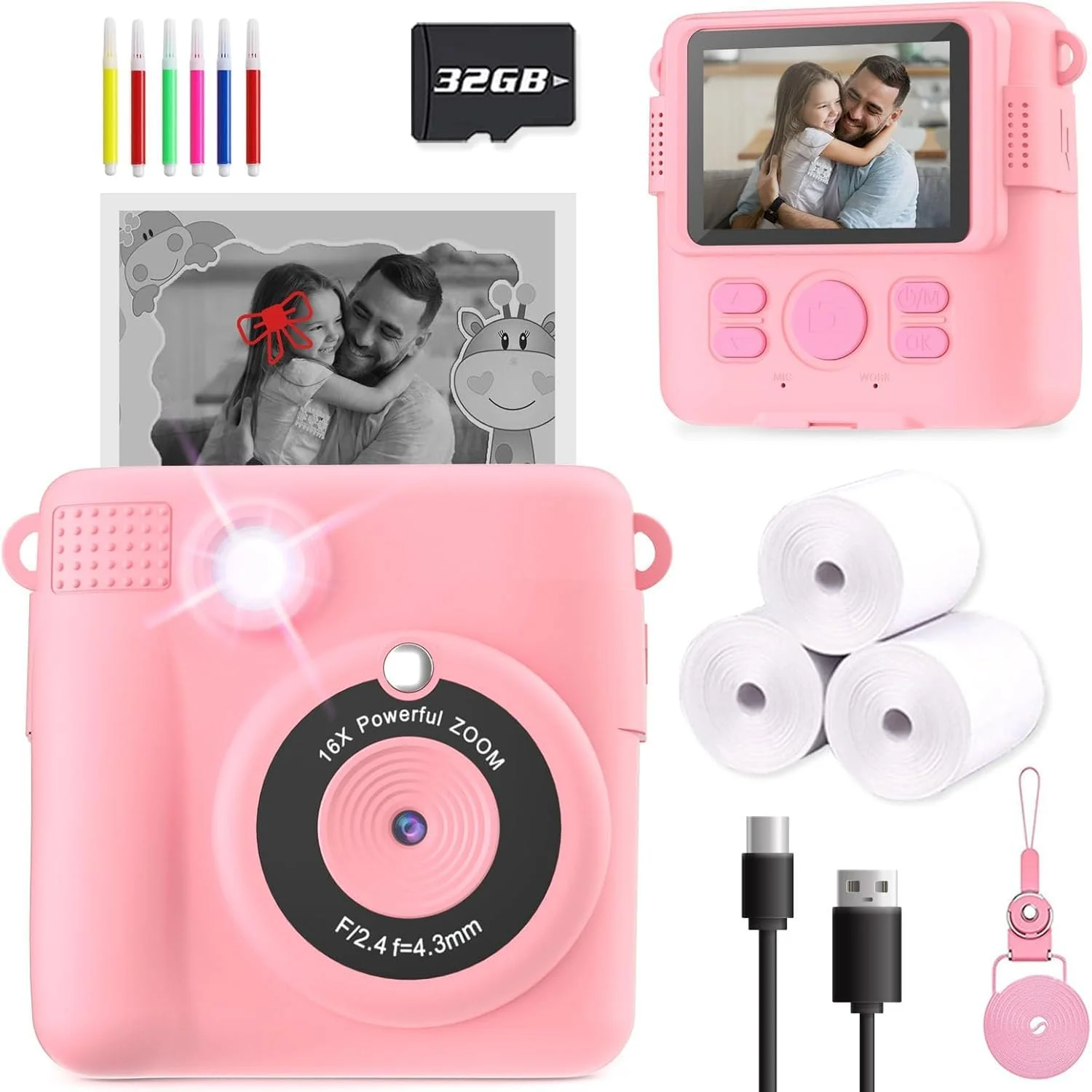 دوربین چاپ فوری کودکانه، هدیه تولد برای کودکان 3 تا 12 سال، دوربین دیجیتال سلفی با فیلمبرداری 1080P و صفحه نمایش 2.4 اینچی، زوم دیجیتال 16 برابر، اسباب بازی دوربین مسافرتی قابل حمل برای پسران و دختران (صورتی)