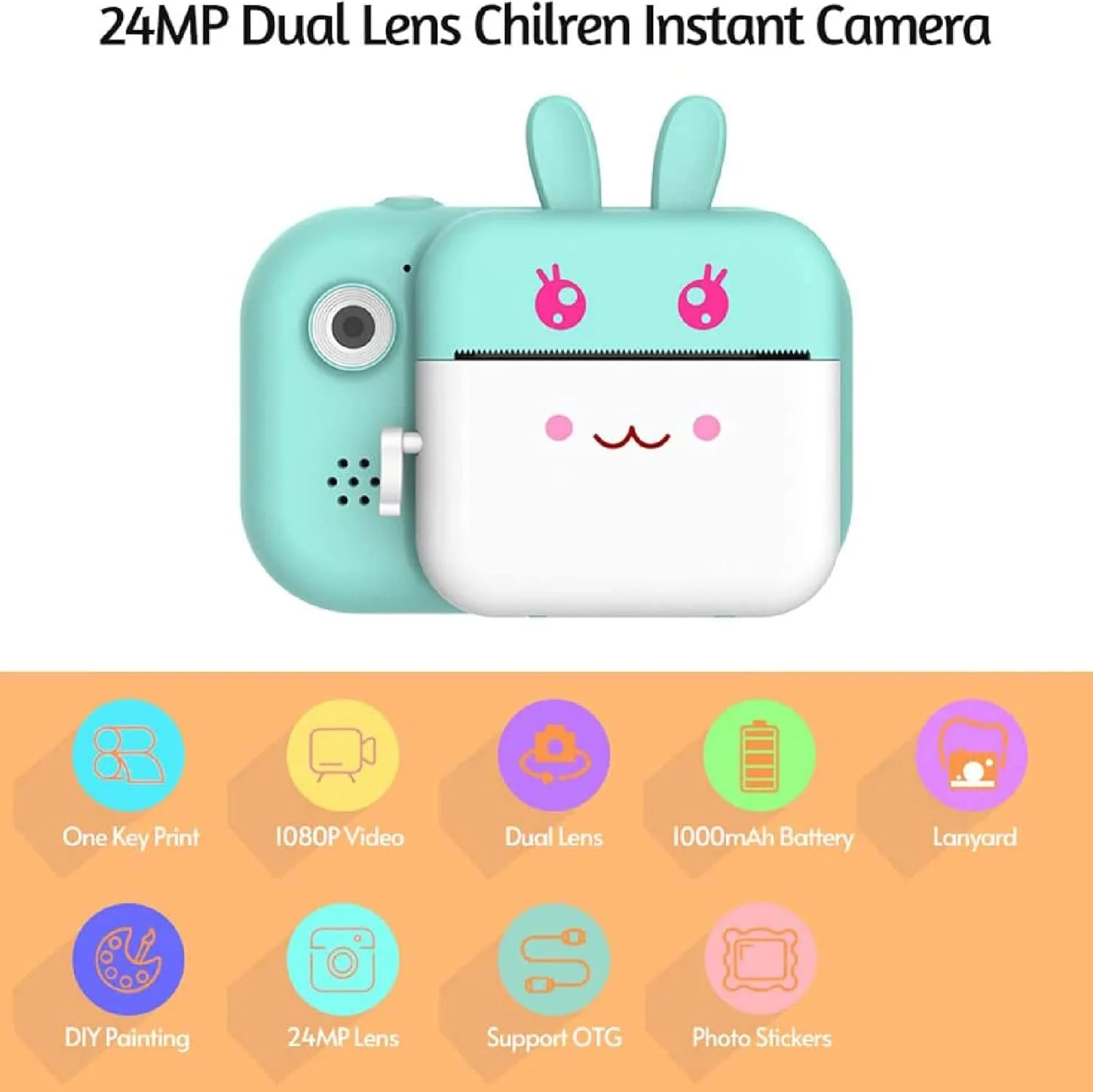 دوربین فوری کودکانه، دوربین دیجیتال 1080P HD با صفحه نمایش 2.4 اینچی به همراه کارت TF 32 گیگابایتی و 3 رول کاغذ عکس، دوربین فیلمبرداری کودکانه برای هدیه پسران و دختران 3 تا 12 ساله