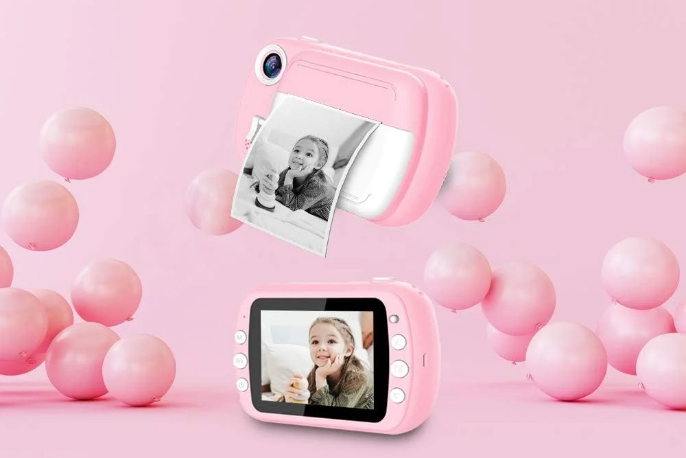 دوربین چاپ فوری i-Paint P9 برای کودکان، چاپ سیاه و سفید روی کاغذ حرارتی، دوربین دیجیتال 1080P FHD، ال سی دی 3.5 اینچی، میکرو SD 32 گیگابایتی، صورتی