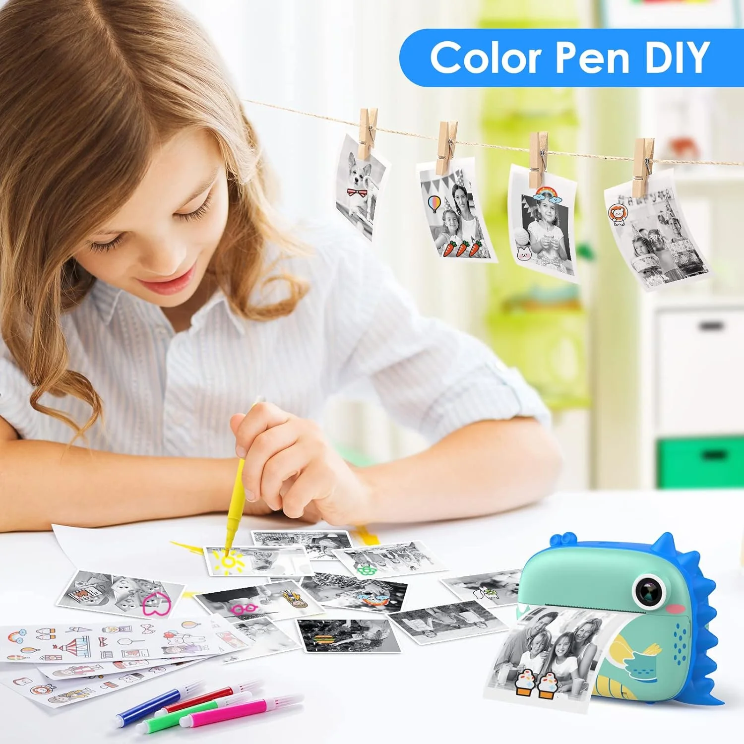 دوربین چاپ فوری کودکانه، دوربین دیجیتال کودکان بدون نیاز به جوهر و کاغذ چاپ و کارت TF 32 گیگابایتی، دوربین سلفی و فیلمبرداری با قلم های رنگی برای DIY، هدیه سرگرم کننده برای دختران و پسران 3-14 ساله (آبی)