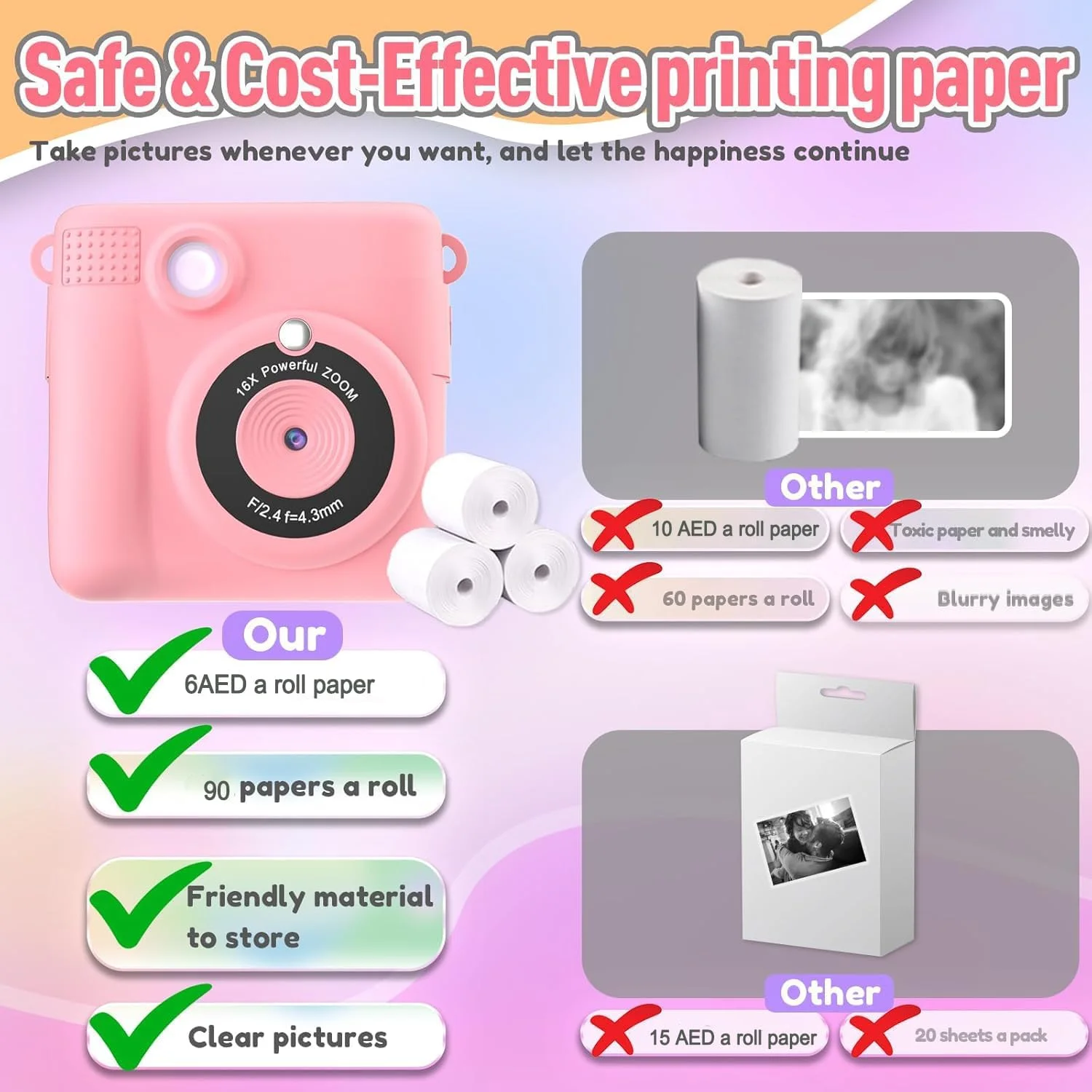 دوربین چاپ فوری کودکانه، هدیه تولد برای کودکان 3 تا 12 سال، دوربین دیجیتال سلفی با فیلمبرداری 1080P و صفحه نمایش 2.4 اینچی، زوم دیجیتال 16 برابر، اسباب بازی دوربین مسافرتی قابل حمل برای پسران و دختران (صورتی)