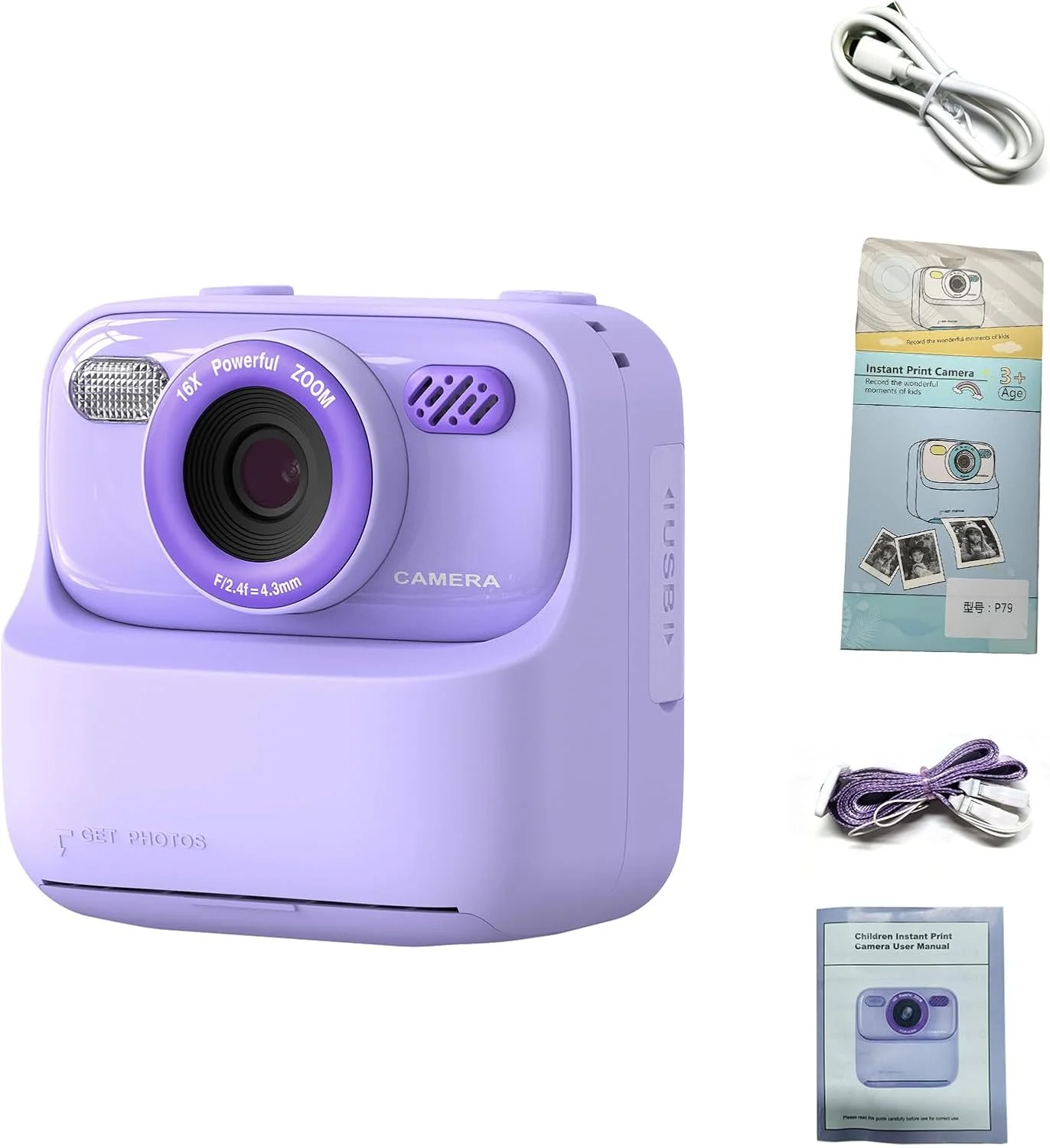 دوربین چاپ فوری برای کودکان، صفحه نمایش 2.4 اینچی 1080P، دوربین چاپ فوری کودکانه با 2 رول کاغذ، کارت 32 گیگابایتی داخلی، برای پسران و دختران (بنفش)