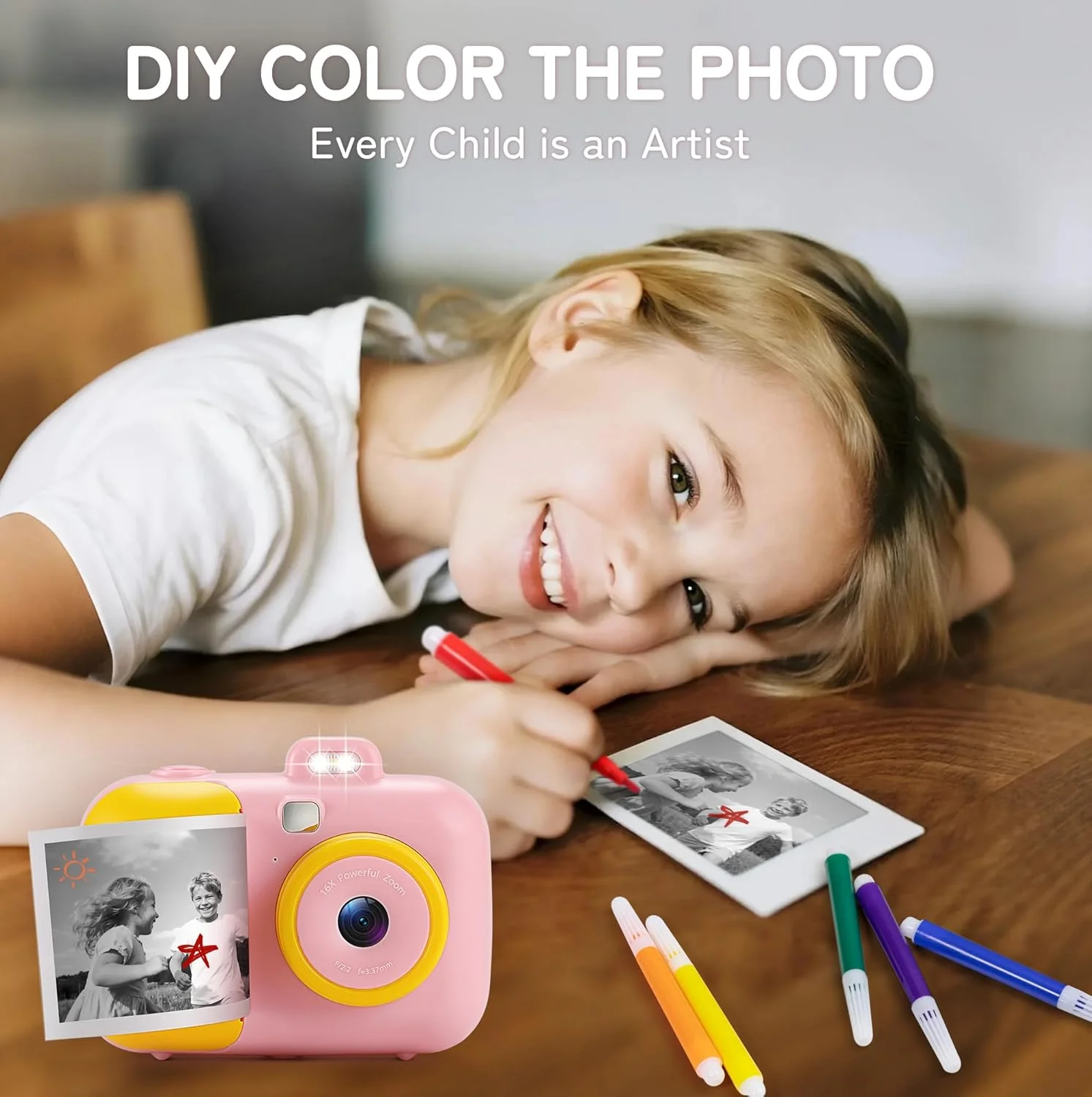 دوربین چاپ فوری کودکانه با کاغذ چاپ، دوربین چاپ فوری HD 1080P با کارت SD 32 گیگابایتی، اسباب بازی دخترانه برای سنین 5-7 سال، هدیه تولد برای دختران 5 6 7 8 9 ساله