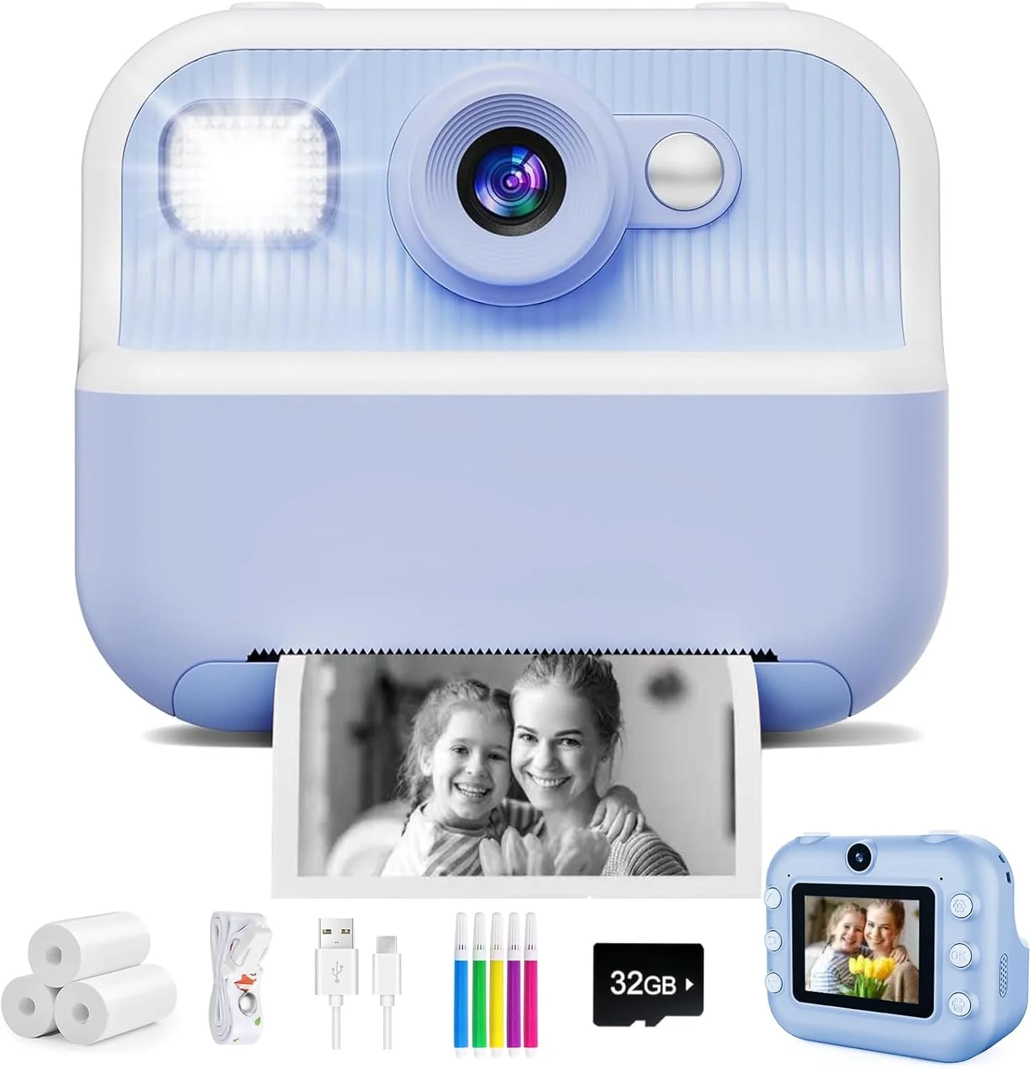 دوربین فوری کودکانه، دوربین دیجیتال سلفی دوگانه 1080P با صفحه نمایش LCD 2.4 اینچی، زوم دیجیتال 16 برابر، کارت حافظه 32 گیگابایتی، 3 رول کاغذ چاپ، هدیه برای اسباب بازی پسرانه 3-12 ساله (آبی)