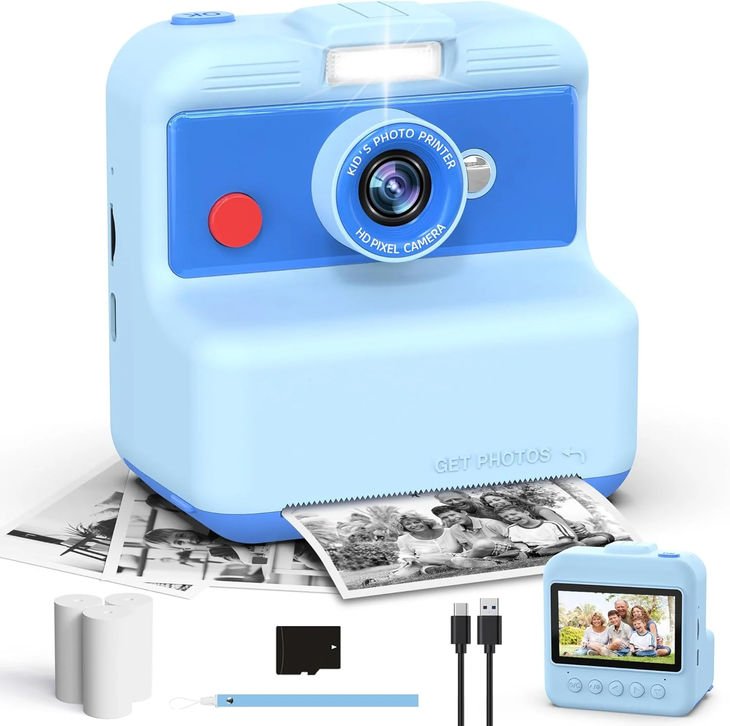 دوربین چاپ فوری کودکانه، صفحه نمایش 3.0 اینچی، دوربین دیجیتال 48 مگاپیکسل/2.5K UHD با کاغذ چاپ، هدیه تولد کریسمس برای دختران و پسران 3-12 ساله (آبی)