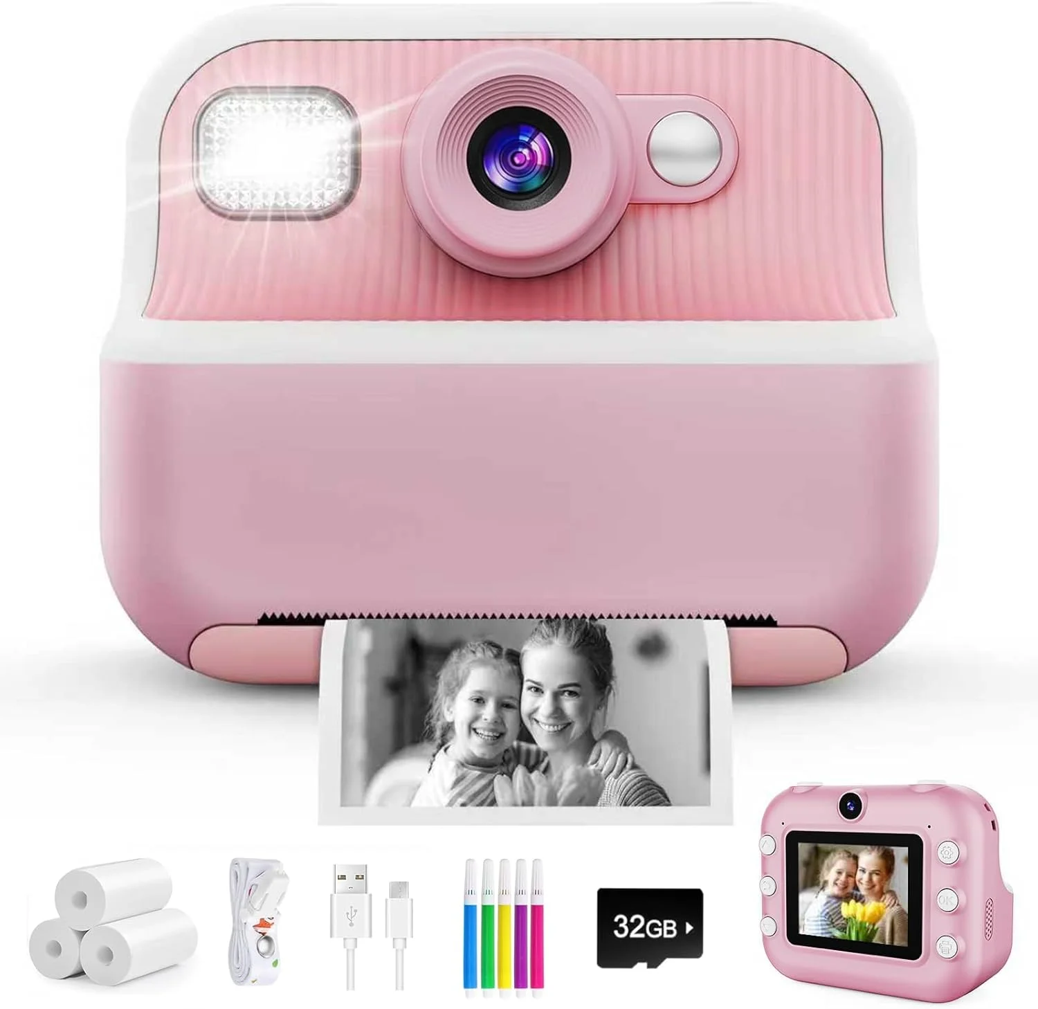 دوربین فوری کودکانه، دوربین دیجیتال کودکانه صفحه نمایش 2.4 اینچی 1080P با کارت 32 گیگابایتی و 3 رول کاغذ چاپ، هدیه برای اسباب بازی دخترانه 3-12 ساله (صورتی)