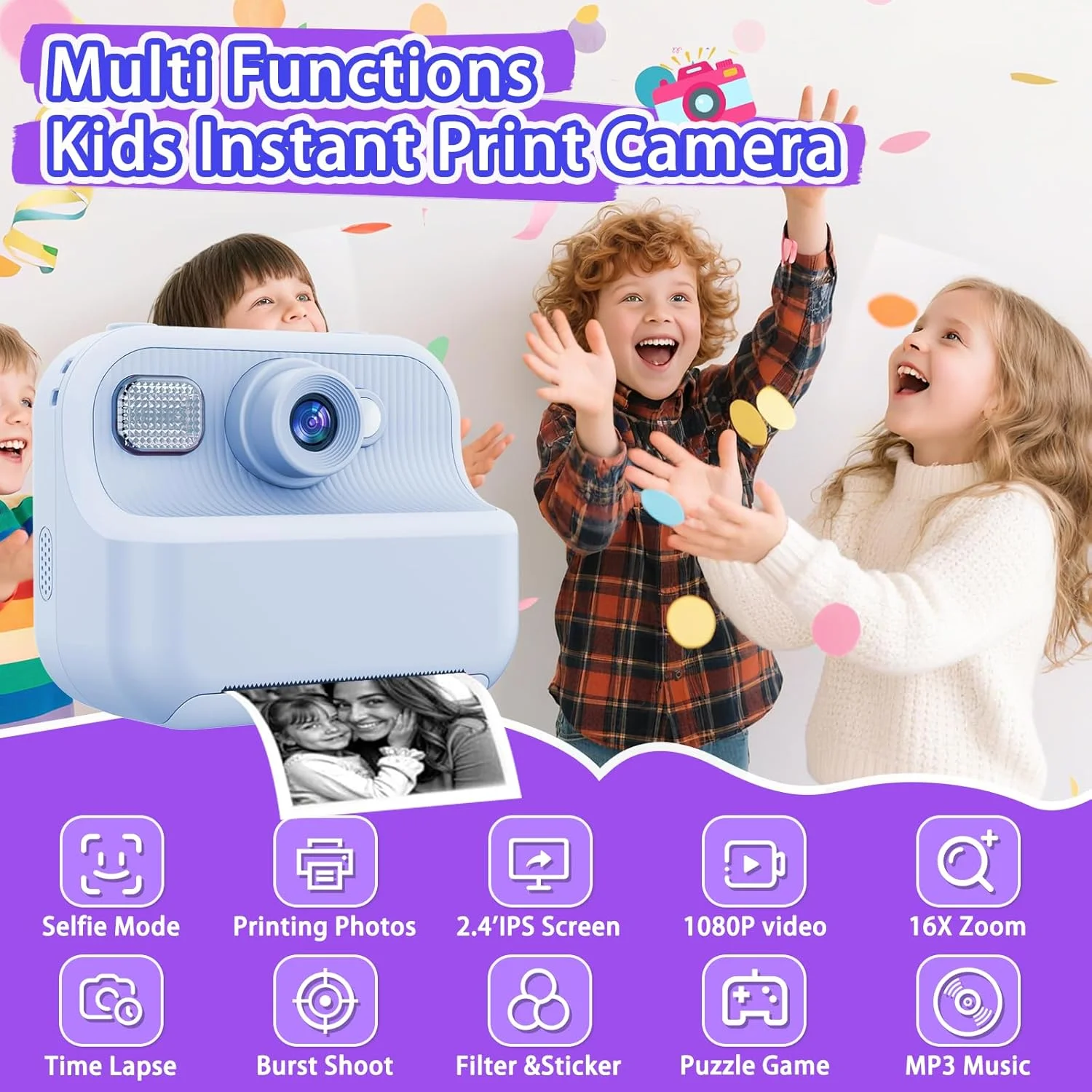 دوربین فوری کودکانه، دوربین دیجیتال سلفی دوگانه 1080P با صفحه نمایش LCD 2.4 اینچی، زوم دیجیتال 16 برابر، کارت حافظه 32 گیگابایتی، 3 رول کاغذ چاپ، هدیه برای اسباب بازی پسرانه 3-12 ساله (آبی)