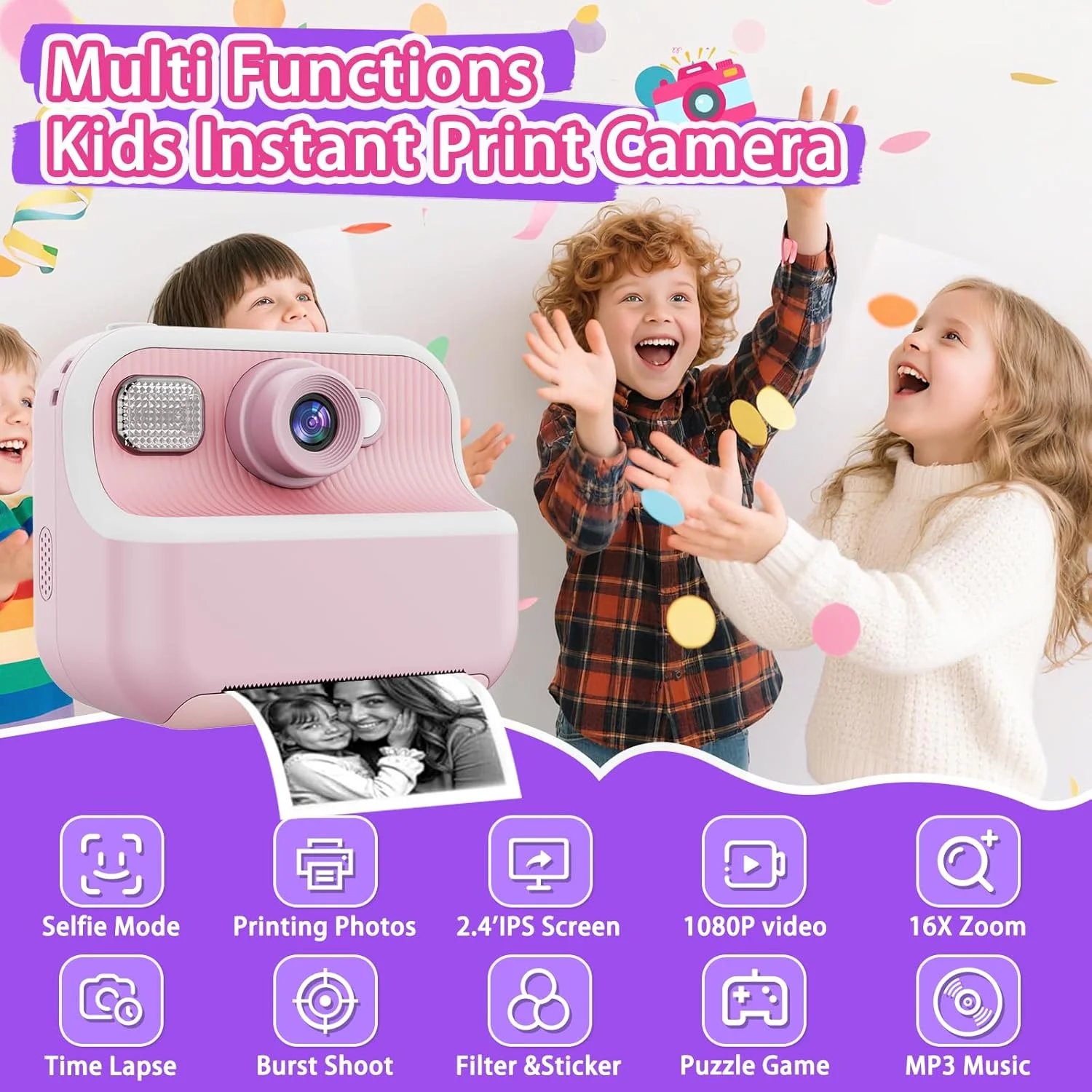 دوربین فوری کودکانه، دوربین دیجیتال کودکانه صفحه نمایش 2.4 اینچی 1080P با کارت 32 گیگابایتی و 3 رول کاغذ چاپ، هدیه برای اسباب بازی دخترانه 3-12 ساله (صورتی)