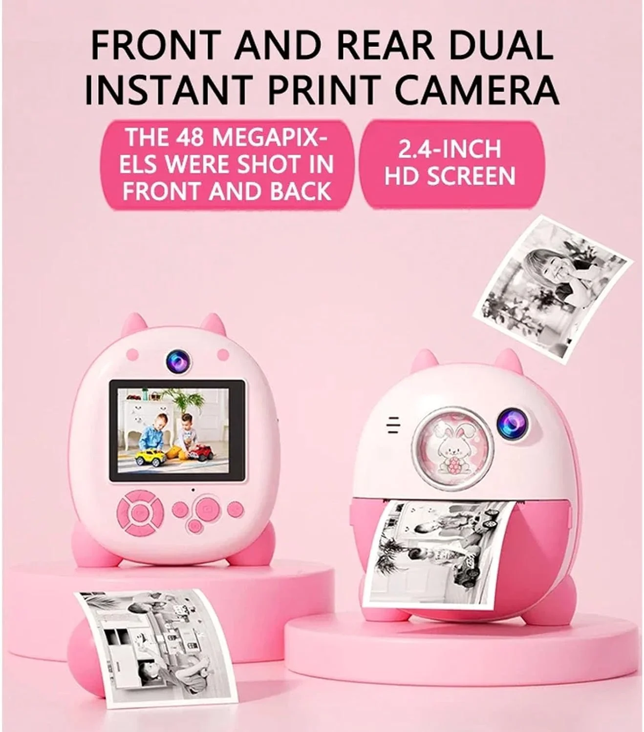 دوربین چاپ فوری، دوربین دوگانه سلفی جلو و عقب 48 مگاپیکسلی کودکان، دوربین های فوری فیلمبرداری 1080P با صفحه نمایش 2.4 اینچی، دارای استیکرهای چندگانه داخلی، فیلترهای رنگارنگ