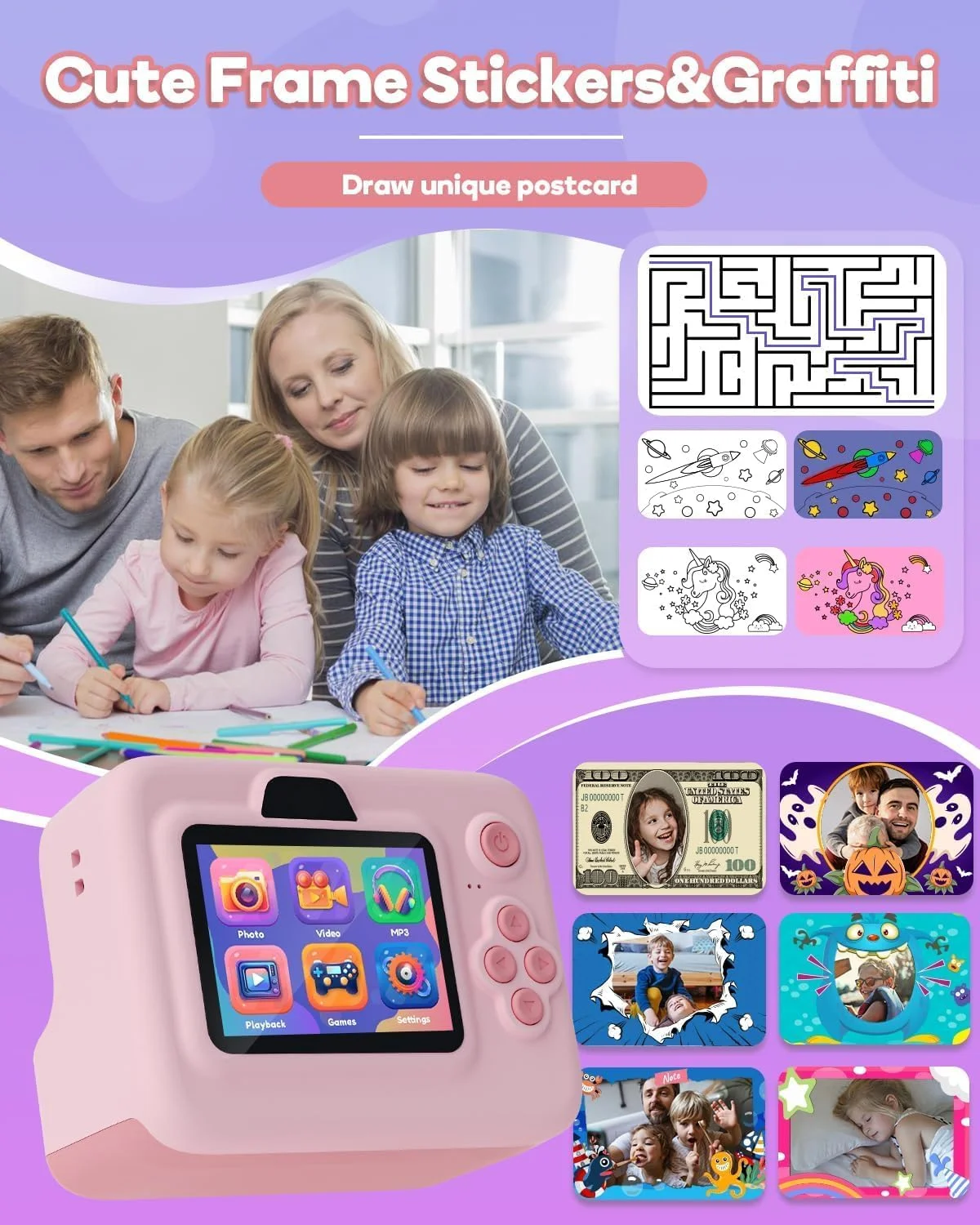 دوربین چاپ فوری کودکان، دوربین های فوری 1080P کودکان که عکس چاپ می کنند، هدیه تولد کریسمس برای دختران 3-12 ساله، اسباب بازی قابل حمل برای دختران 3 4 5 6 7 8 9 10 ساله صورتی