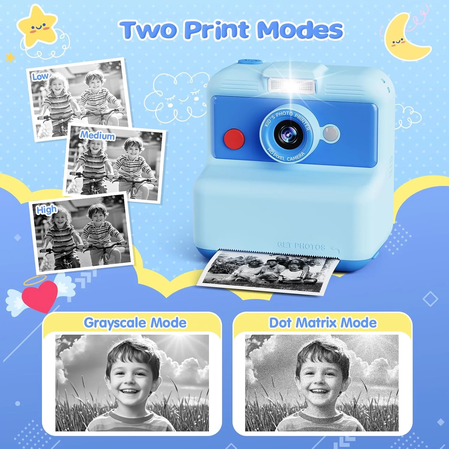 دوربین چاپ فوری کودکانه، صفحه نمایش 3.0 اینچی، دوربین دیجیتال 48 مگاپیکسل/2.5K UHD با کاغذ چاپ، هدیه تولد کریسمس برای دختران و پسران 3-12 ساله (آبی)