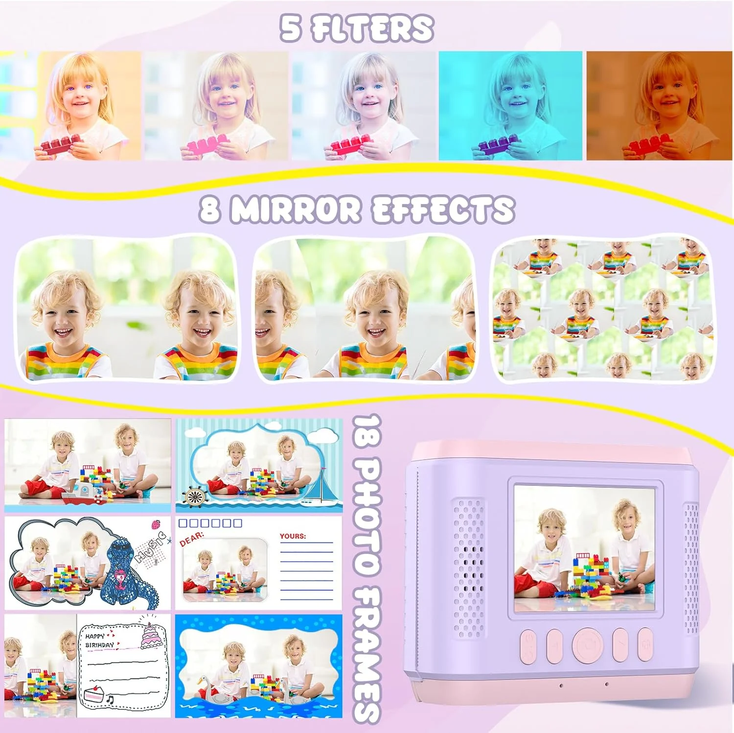 دوربین چاپ فوری برای کودکان، دوربین های فوری کودک با صفحه نمایش 2.4 اینچی، هدیه تولد کریسمس برای دختران 3-12 ساله، اسباب بازی قابل حمل برای کودکان نوپا 3 4 5 6 7 8 9 10 11 ساله دختران پسر صورتی