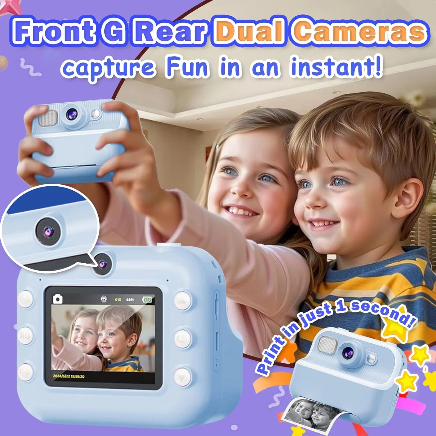 دوربین فوری کودکانه، دوربین دیجیتال سلفی دوگانه 1080P با صفحه نمایش LCD 2.4 اینچی، زوم دیجیتال 16 برابر، کارت حافظه 32 گیگابایتی، 3 رول کاغذ چاپ، هدیه برای اسباب بازی پسرانه 3-12 ساله (آبی)