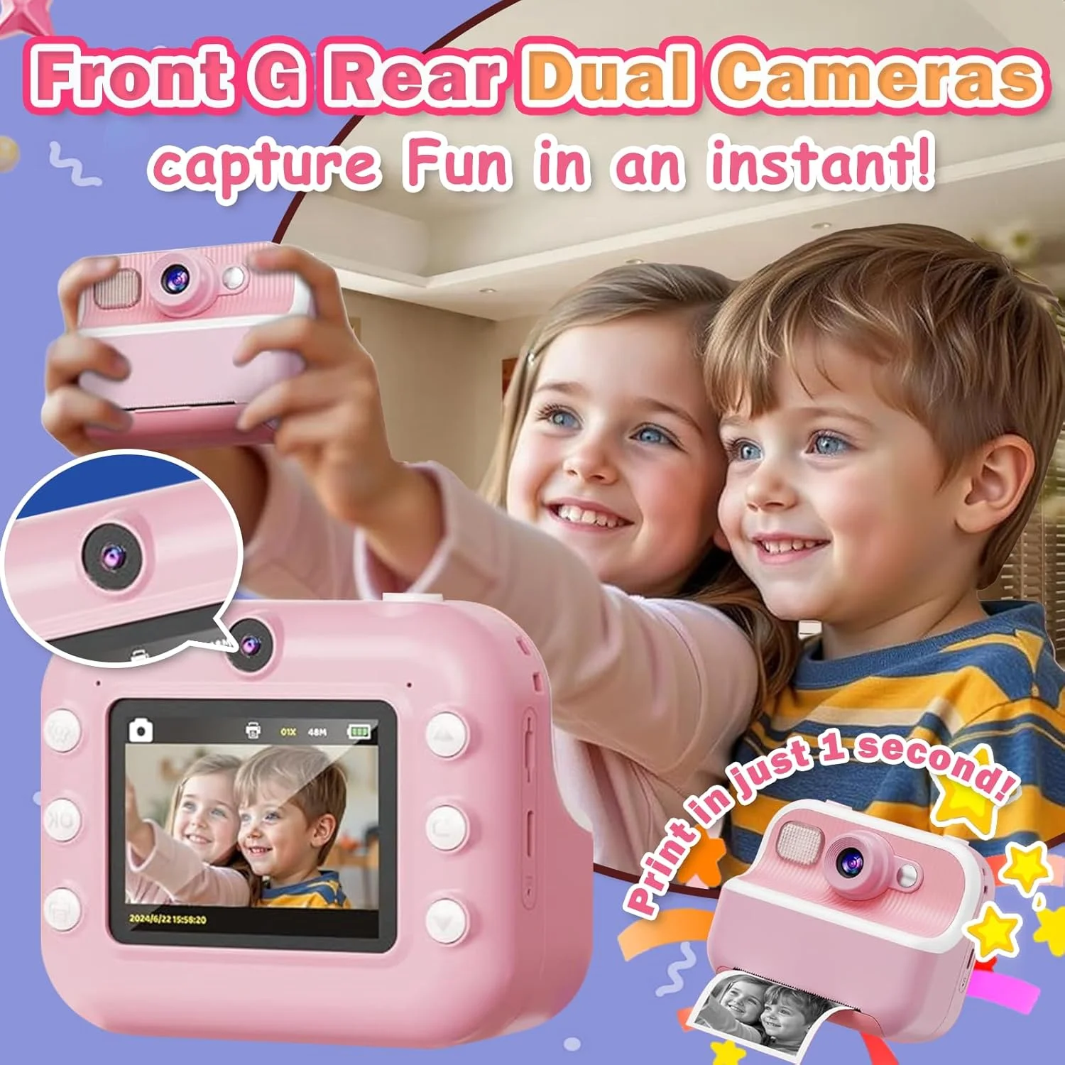 دوربین فوری کودکانه، دوربین دیجیتال کودکانه صفحه نمایش 2.4 اینچی 1080P با کارت 32 گیگابایتی و 3 رول کاغذ چاپ، هدیه برای اسباب بازی دخترانه 3-12 ساله (صورتی)