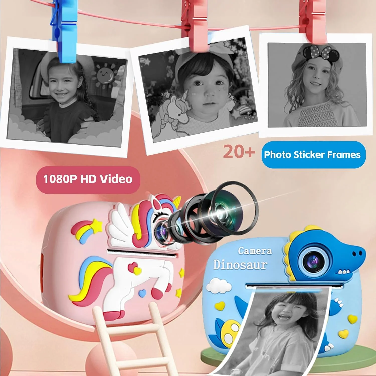 دوربین چاپ فوری کودکانه، دوربین های چاپ فوری 1080P، هدیه تولد کریسمس برای کودکان 3-12 ساله، دوربین های دیجیتال فوری کودکان نوپا برای پسران و دختران به همراه کارت 32 گیگابایتی