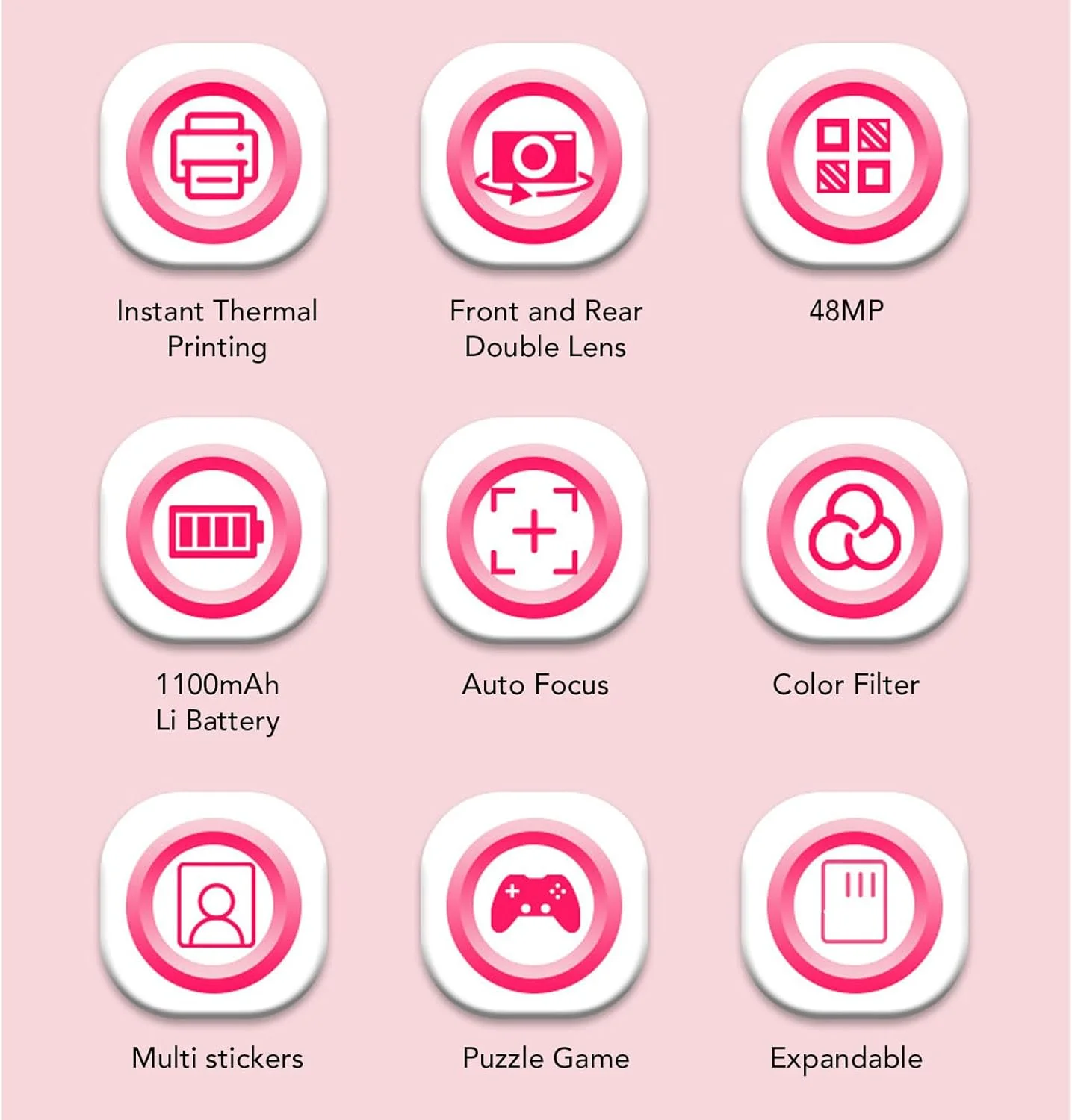 دوربین چاپ فوری، دوربین دوگانه سلفی جلو و عقب 48 مگاپیکسلی کودکان، دوربین های فوری فیلمبرداری 1080P با صفحه نمایش 2.4 اینچی، دارای استیکرهای چندگانه داخلی، فیلترهای رنگارنگ