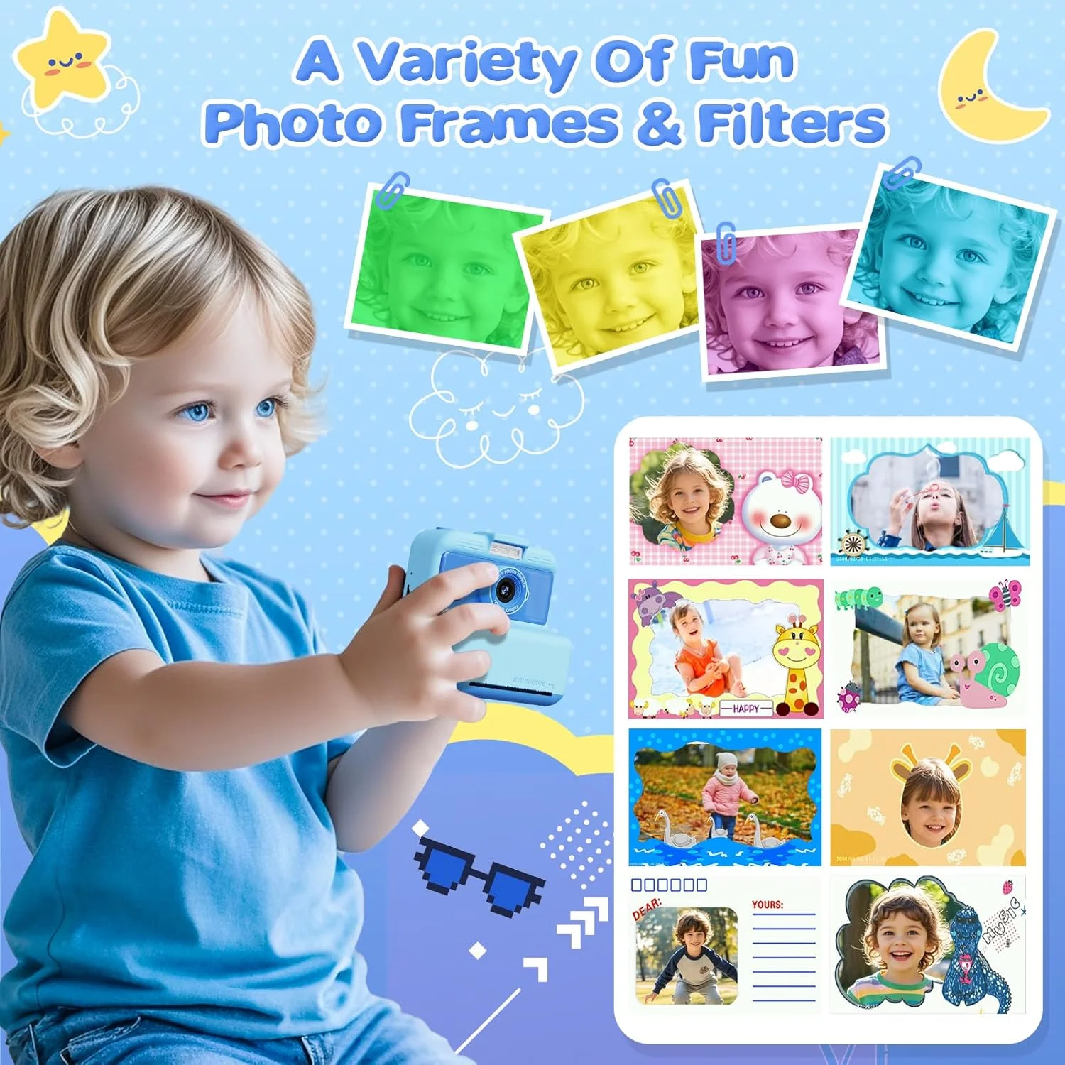 دوربین چاپ فوری کودکانه، صفحه نمایش 3.0 اینچی، دوربین دیجیتال 48 مگاپیکسل/2.5K UHD با کاغذ چاپ، هدیه تولد کریسمس برای دختران و پسران 3-12 ساله (آبی)