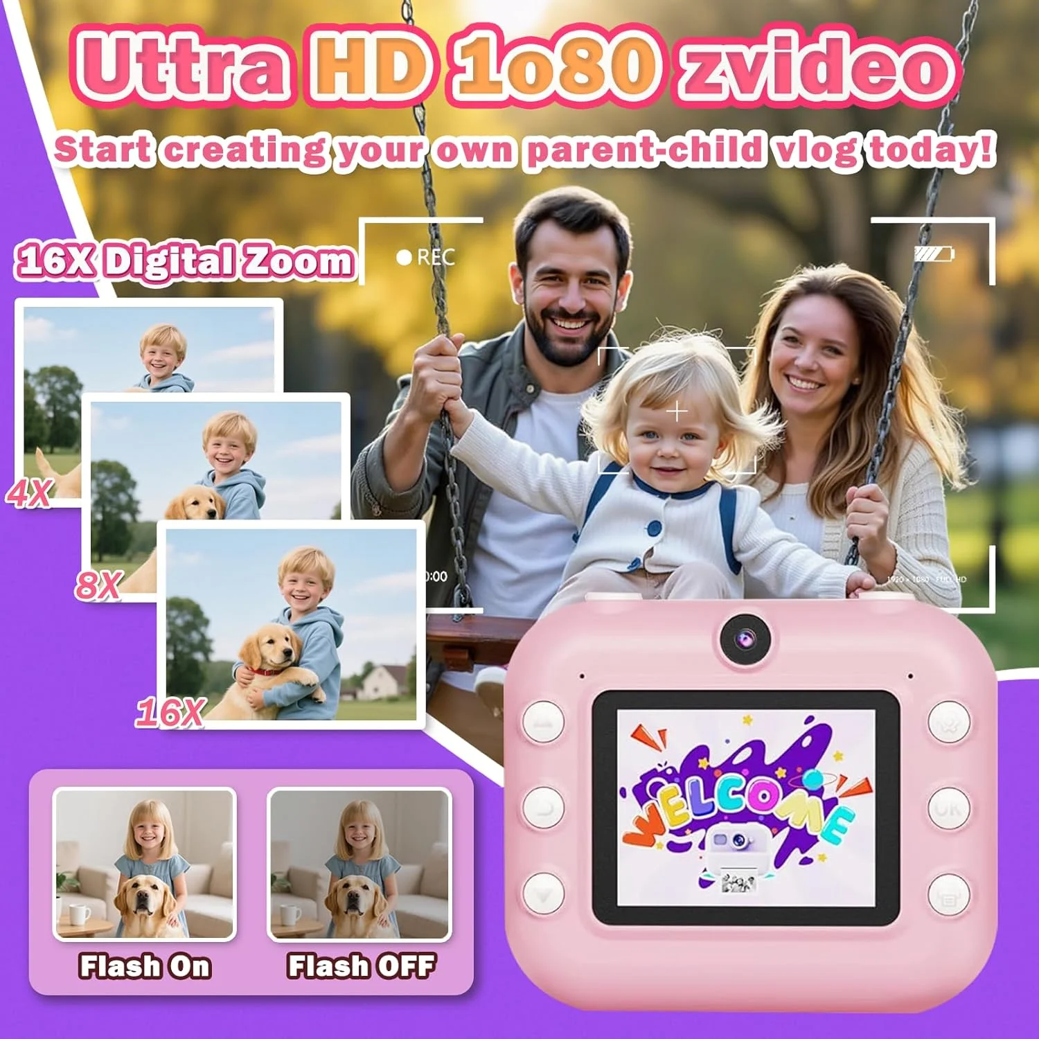 دوربین فوری کودکانه، دوربین دیجیتال کودکانه صفحه نمایش 2.4 اینچی 1080P با کارت 32 گیگابایتی و 3 رول کاغذ چاپ، هدیه برای اسباب بازی دخترانه 3-12 ساله (صورتی)