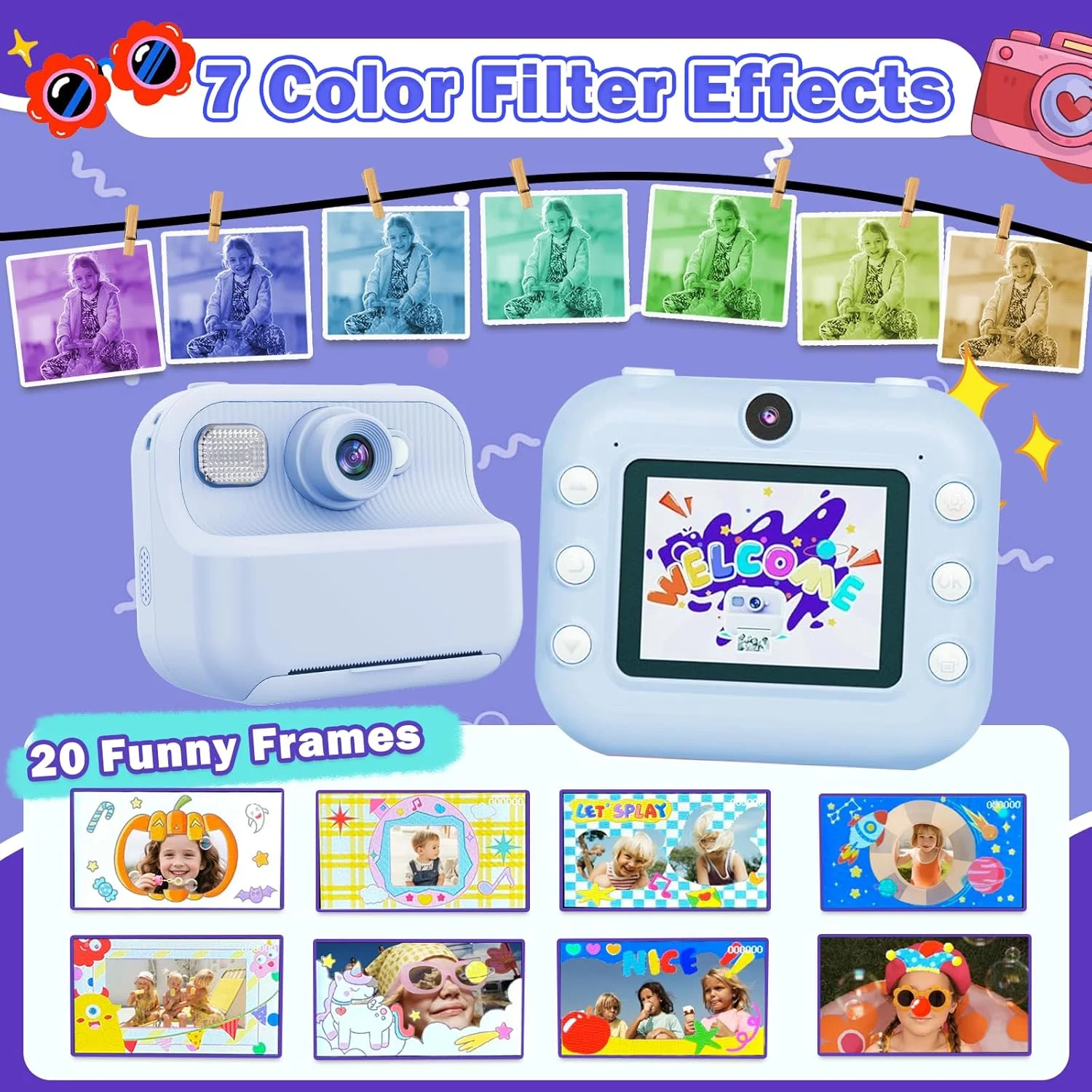 دوربین فوری کودکانه، دوربین دیجیتال سلفی دوگانه 1080P با صفحه نمایش LCD 2.4 اینچی، زوم دیجیتال 16 برابر، کارت حافظه 32 گیگابایتی، 3 رول کاغذ چاپ، هدیه برای اسباب بازی پسرانه 3-12 ساله (آبی)