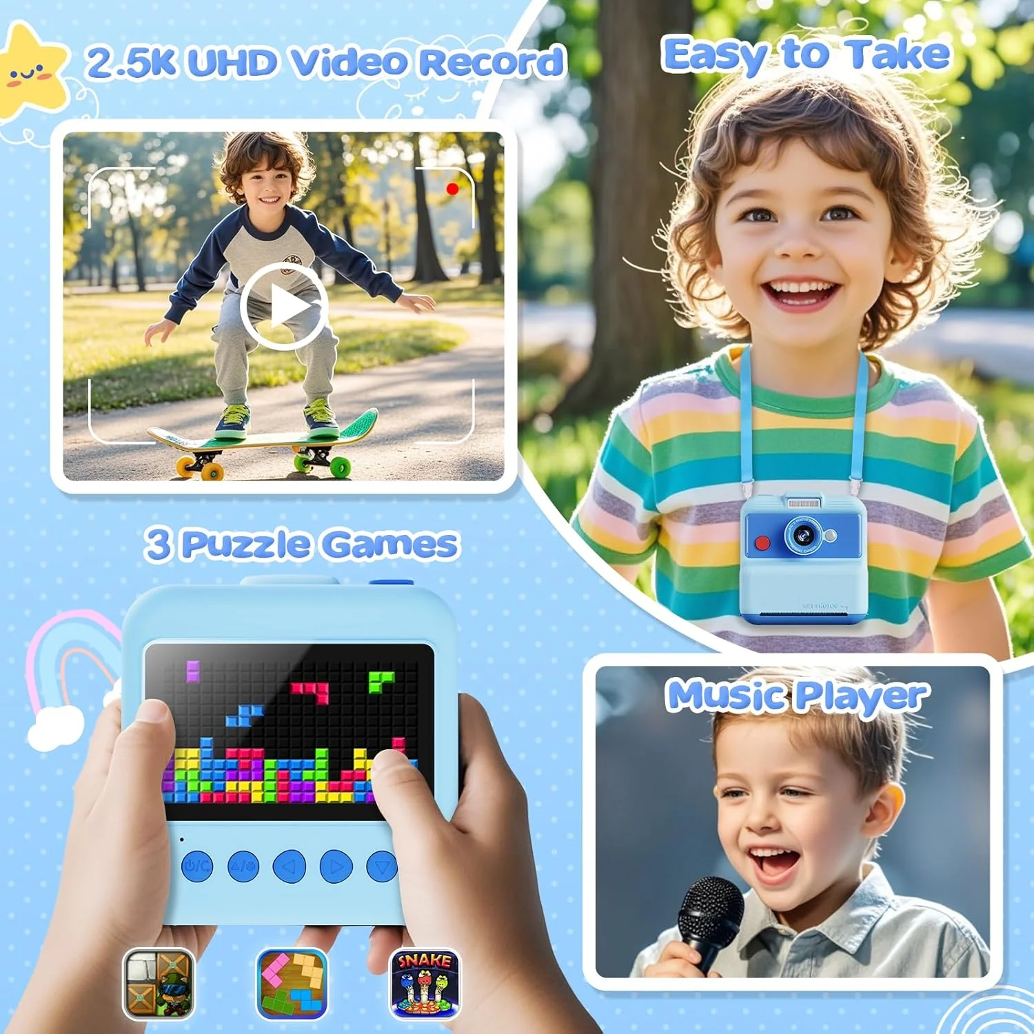 دوربین چاپ فوری کودکانه، صفحه نمایش 3.0 اینچی، دوربین دیجیتال 48 مگاپیکسل/2.5K UHD با کاغذ چاپ، هدیه تولد کریسمس برای دختران و پسران 3-12 ساله (آبی)
