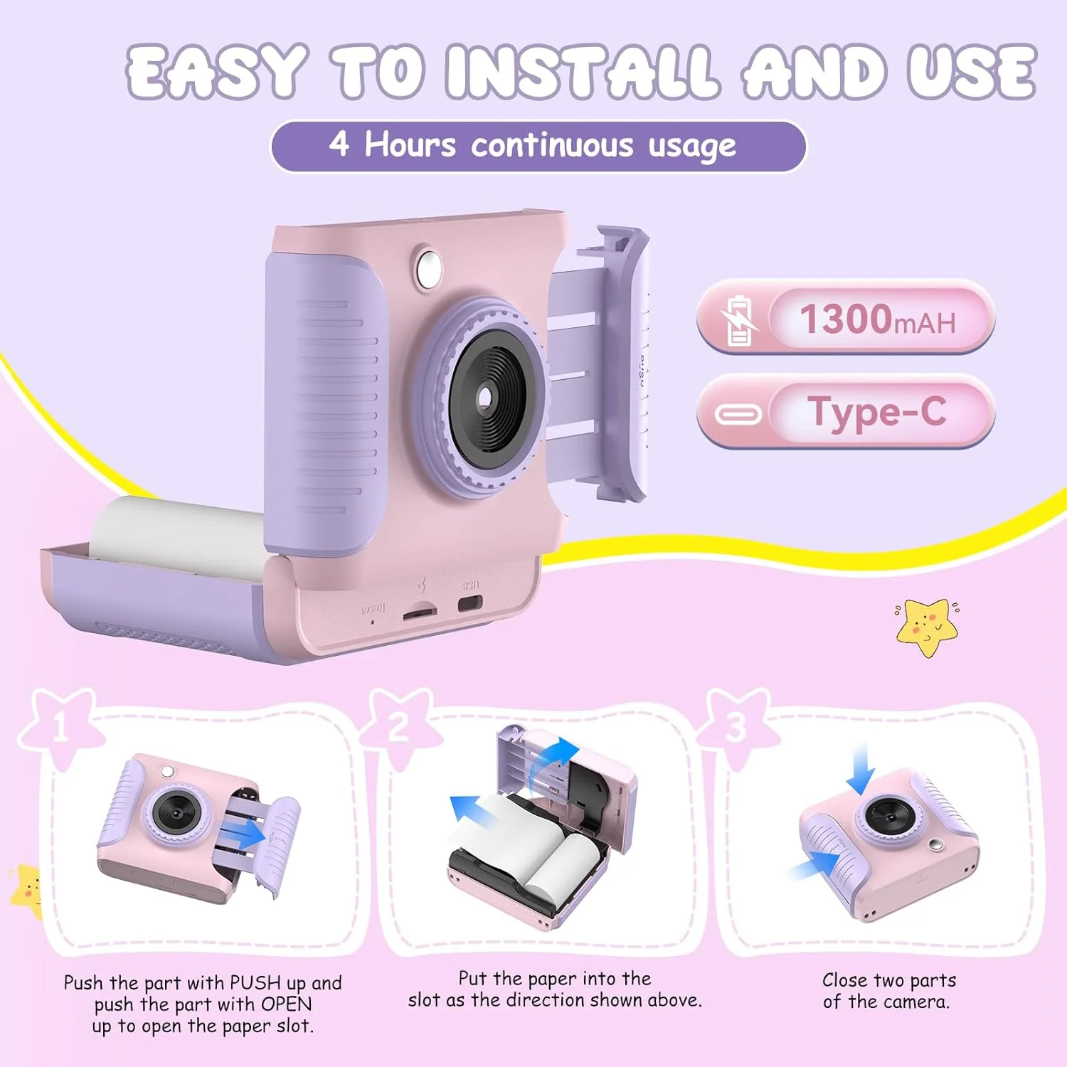 دوربین چاپ فوری برای کودکان، دوربین های فوری کودک با صفحه نمایش 2.4 اینچی، هدیه تولد کریسمس برای دختران 3-12 ساله، اسباب بازی قابل حمل برای کودکان نوپا 3 4 5 6 7 8 9 10 11 ساله دختران پسر صورتی