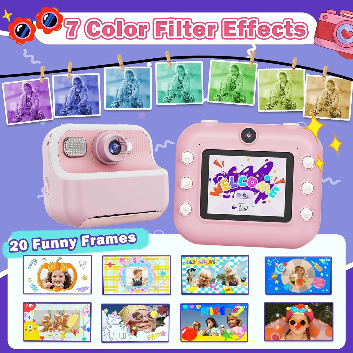 دوربین فوری کودکانه، دوربین دیجیتال کودکانه صفحه نمایش 2.4 اینچی 1080P با کارت 32 گیگابایتی و 3 رول کاغذ چاپ، هدیه برای اسباب بازی دخترانه 3-12 ساله (صورتی)