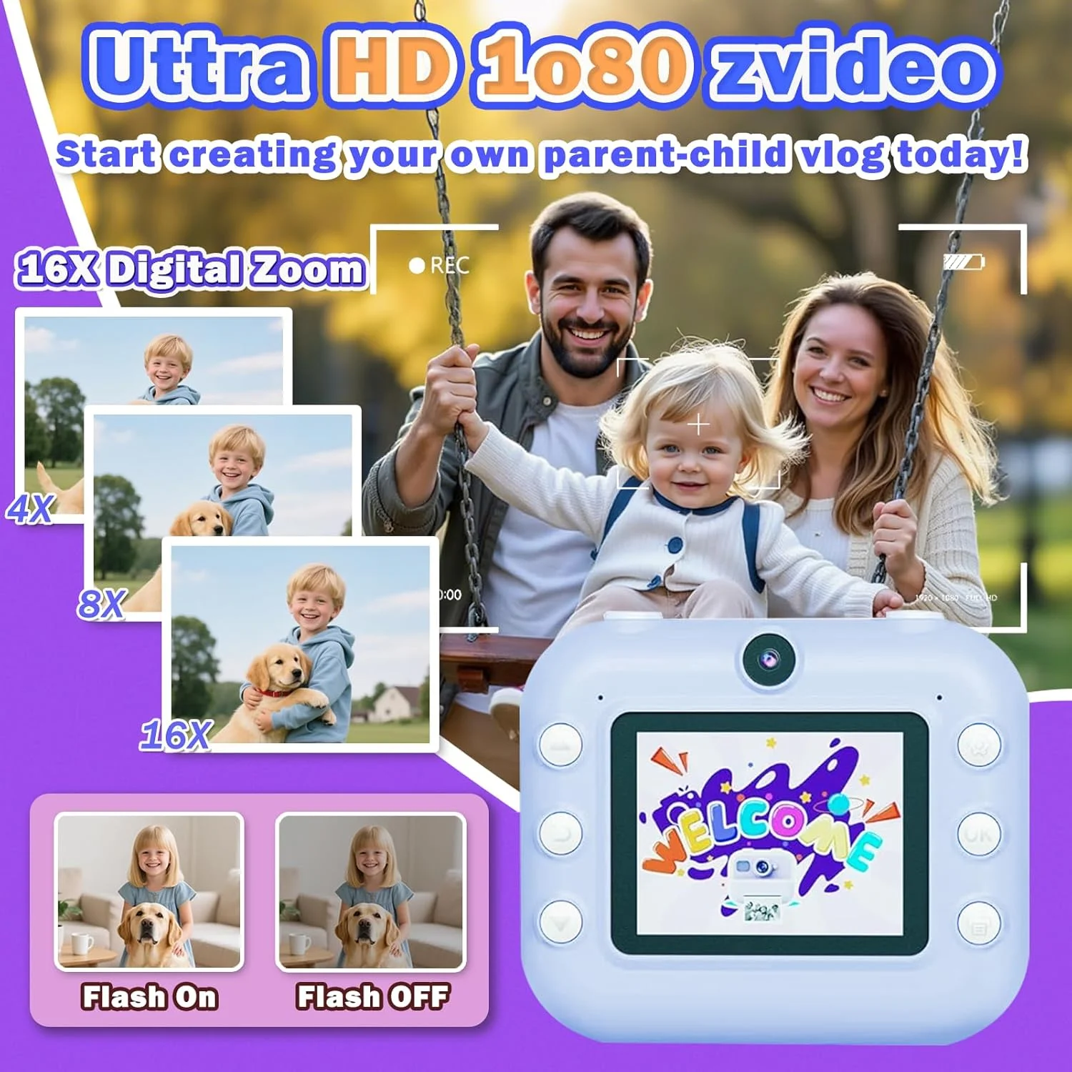 دوربین فوری کودکانه، دوربین دیجیتال سلفی دوگانه 1080P با صفحه نمایش LCD 2.4 اینچی، زوم دیجیتال 16 برابر، کارت حافظه 32 گیگابایتی، 3 رول کاغذ چاپ، هدیه برای اسباب بازی پسرانه 3-12 ساله (آبی)