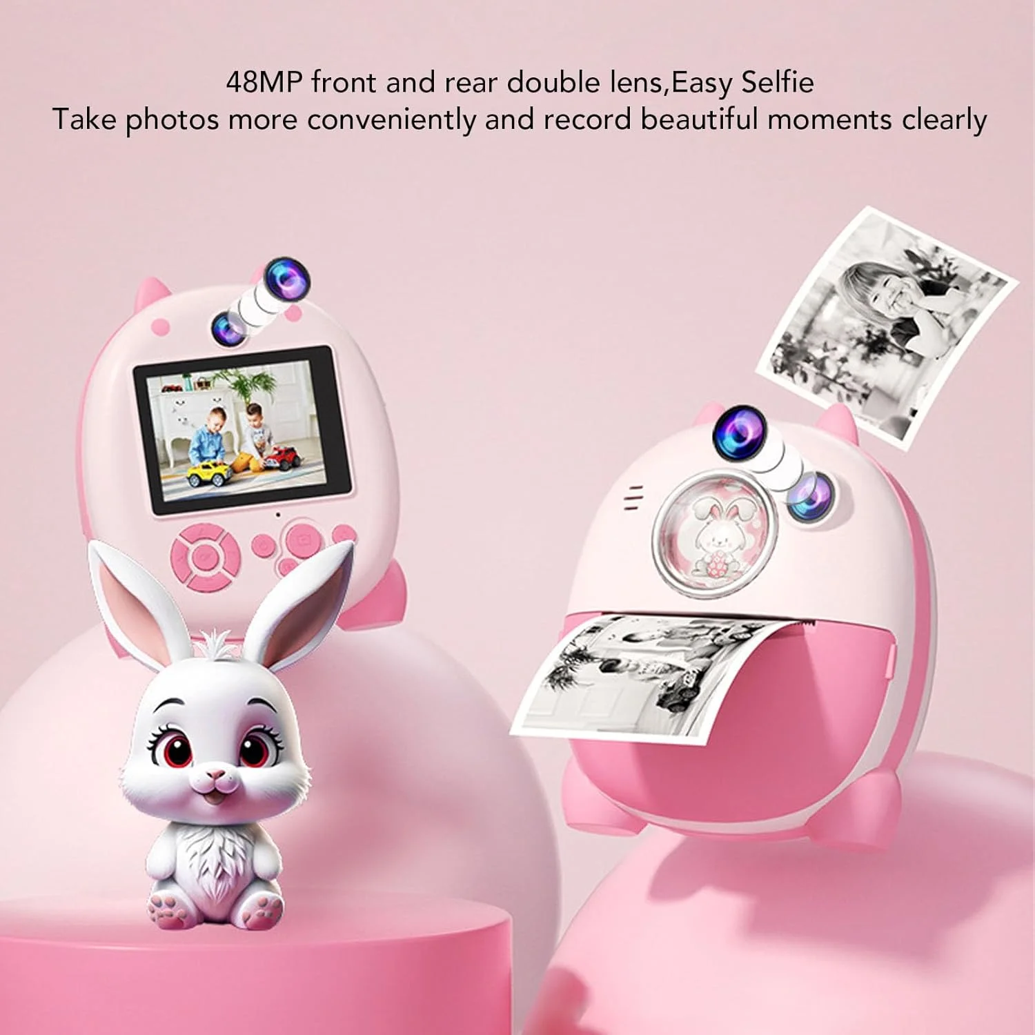 دوربین چاپ فوری، دوربین دوگانه سلفی جلو و عقب 48 مگاپیکسلی کودکان، دوربین های فوری فیلمبرداری 1080P با صفحه نمایش 2.4 اینچی، دارای استیکرهای چندگانه داخلی، فیلترهای رنگارنگ