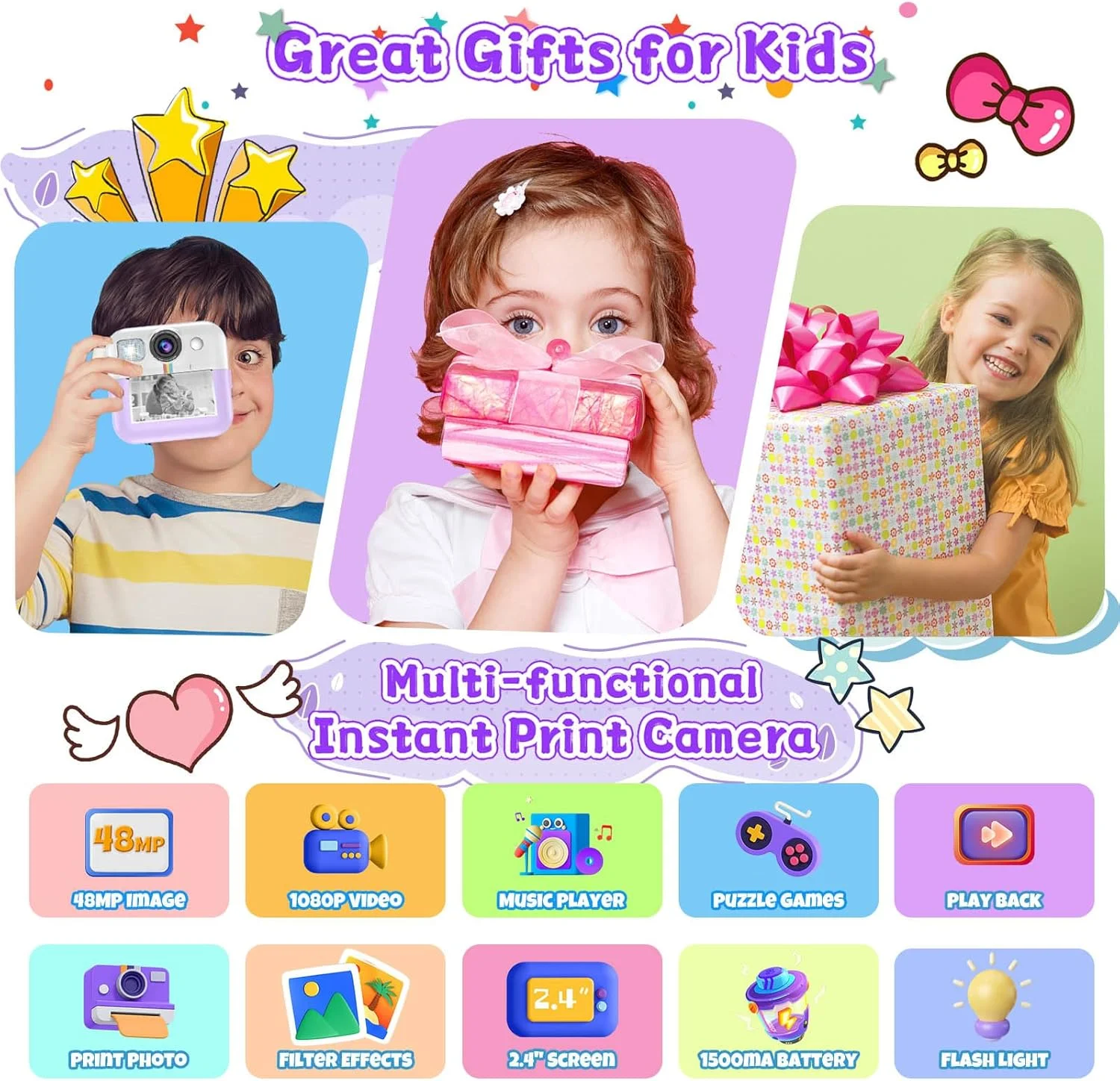 دوربین چاپ فوری کودکانه، هدیه تولد کریسمس برای دختران و پسران، دوربین دیجیتال کودک با کارت 32 گیگابایتی، دوربین چاپ کودک نوپا با ویدیوی 1080P، اسباب بازی های قابل حمل کودکانه برای دختران 3 4 5 6 7 8 9 10 ساله (بنفش)