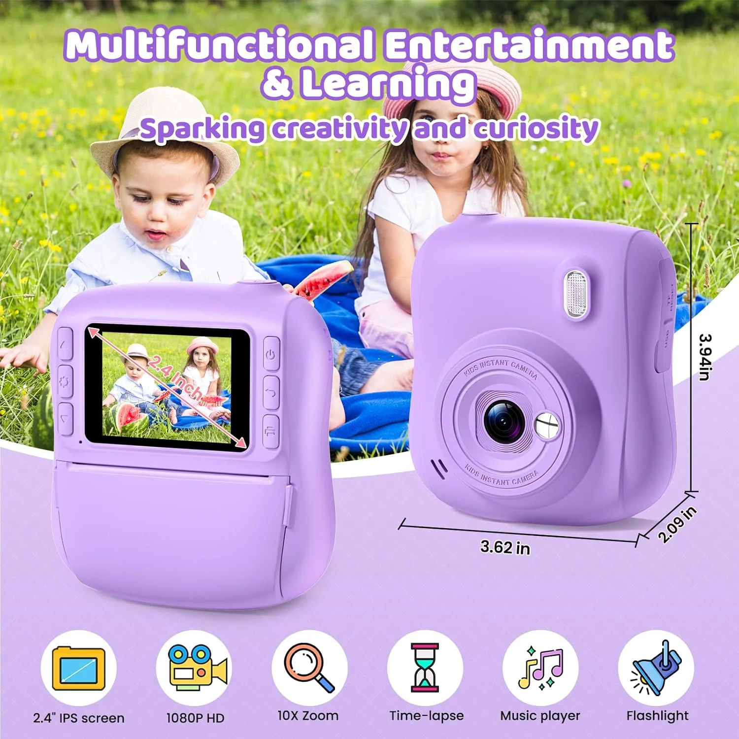 دوربین چاپ فوری برای کودکان، هدیه تولد و کریسمس برای پسران و دختران 3 تا 12 ساله، دوربین فیلمبرداری دیجیتال کودکانه، بهترین اسباب بازی سلفی 1080P HD با کارت SD 32 گیگابایتی