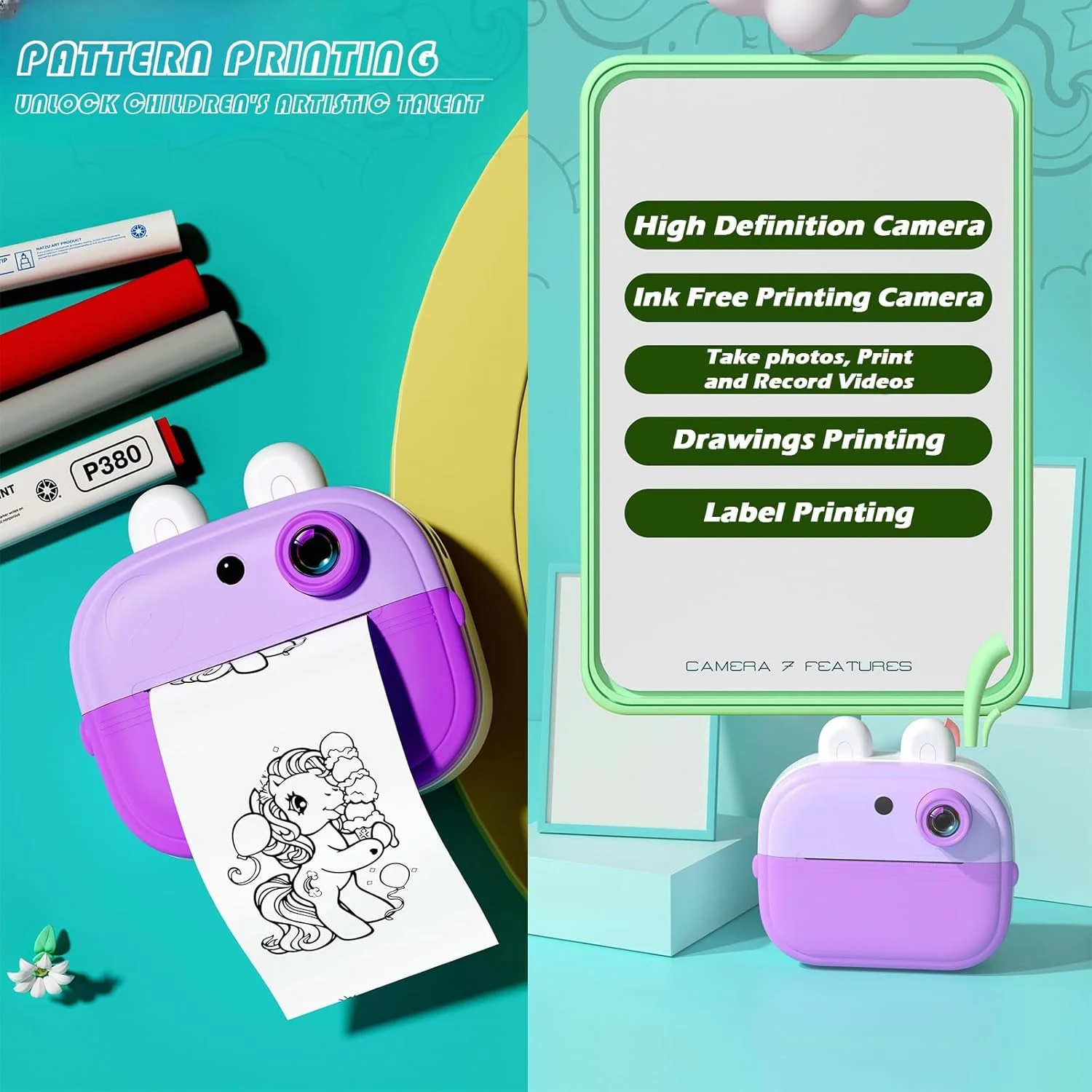 دوربین چاپ فوری برای کودکان، هدیه تولد و کریسمس برای کودکان 3 تا 12 سال، اسباب بازی دوربین دیجیتال برای کودکان، کاغذ چاپ شده و کارت 32 گیگابایتی، هدیه تولد برای کودکان