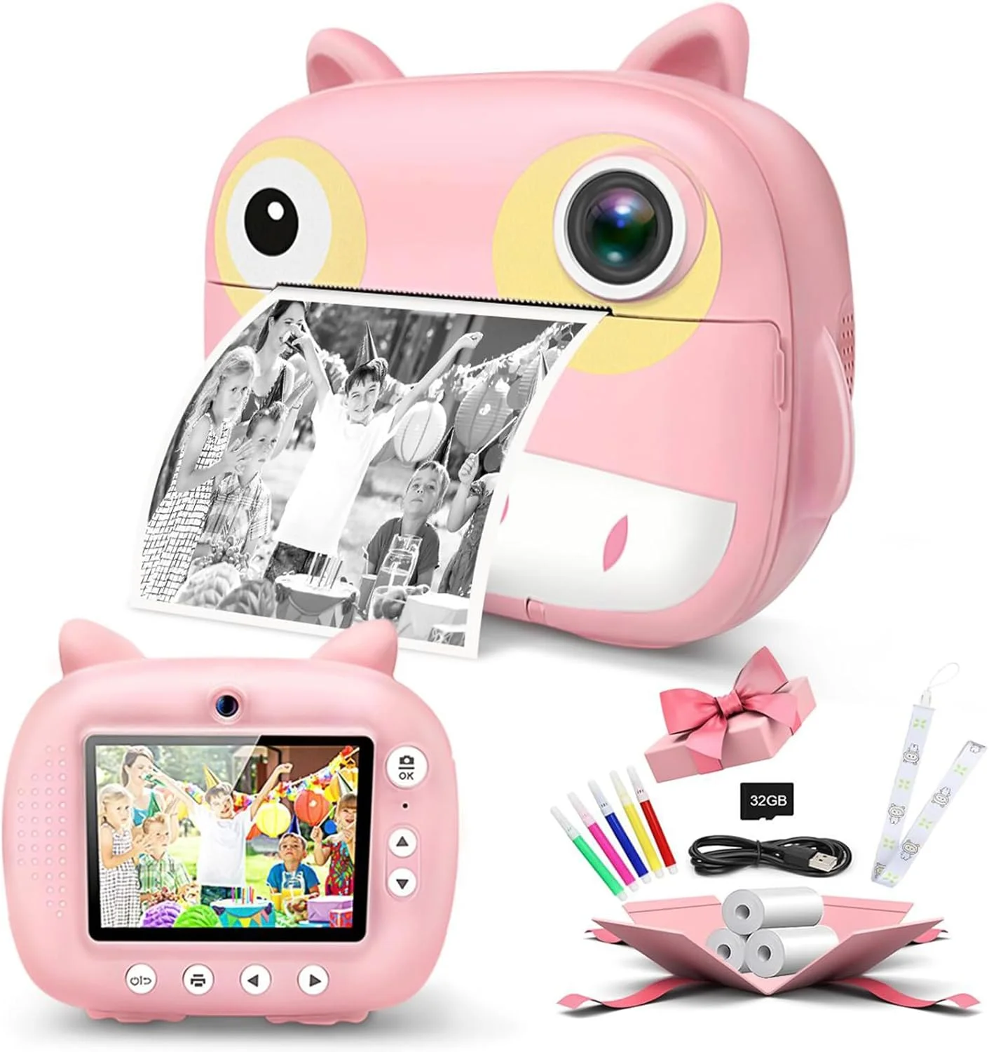 دوربین چاپ فوری 2.5K مناسب کودکان، دوربین دیجیتال 12 مگاپیکسلی با صفحه نمایش 2.4 اینچی IPS، زوم دیجیتال 10 برابر، فیلترهای جذاب، قابلیت فیلمبرداری به همراه 3 رول کاغذ چاپ و کارت حافظه 32 گیگابایتی