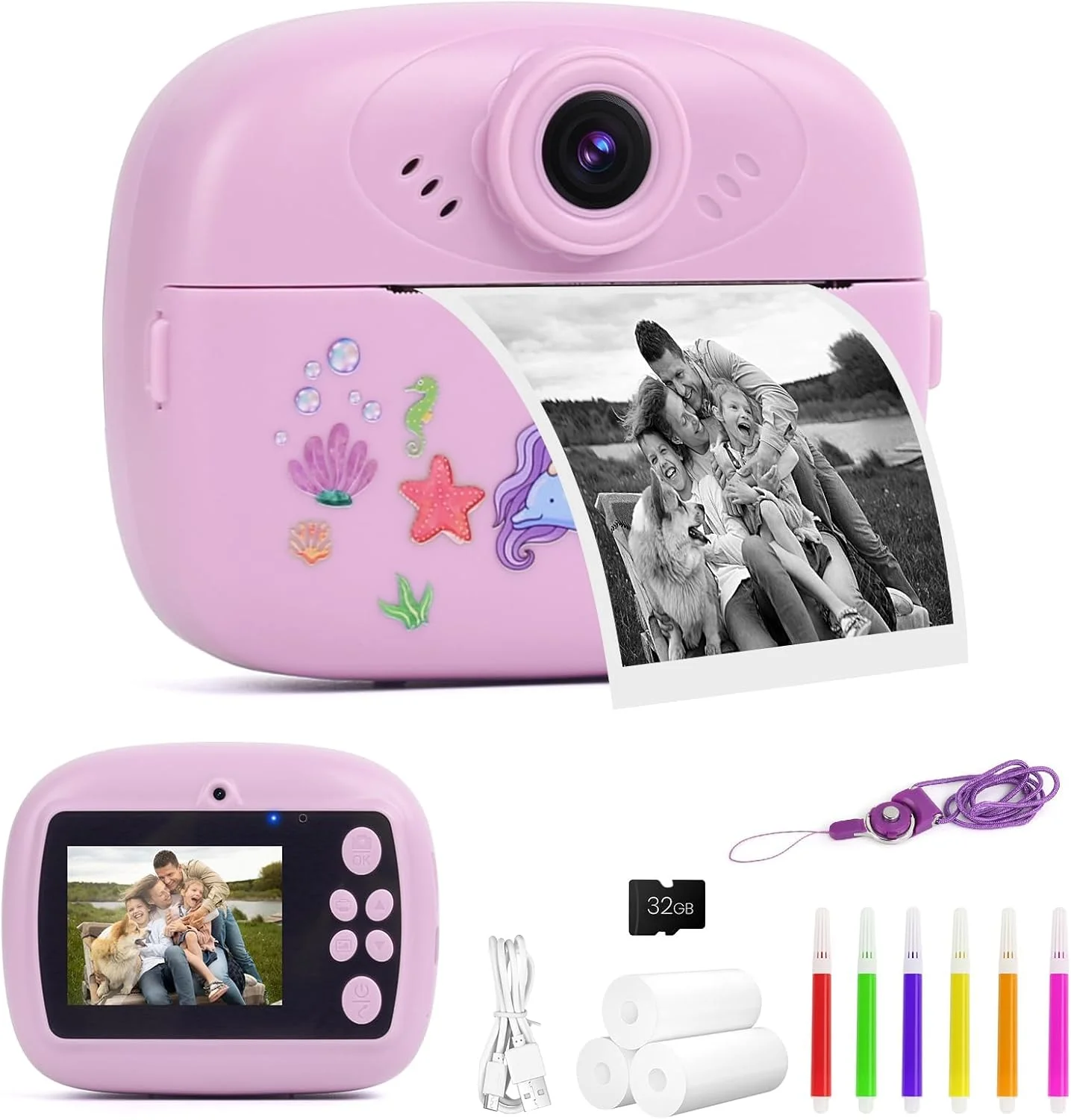 دوربین چاپ فوری کودکانه، دوربین دیجیتال 48 مگاپیکسلی کودکانه با 3 رول کاغذ چاپ و کارت 32 گیگابایتی، اسباب بازی دوربین سلفی ویدیویی 1080P برای پسران و دختران 3-12 سال، بنفش
